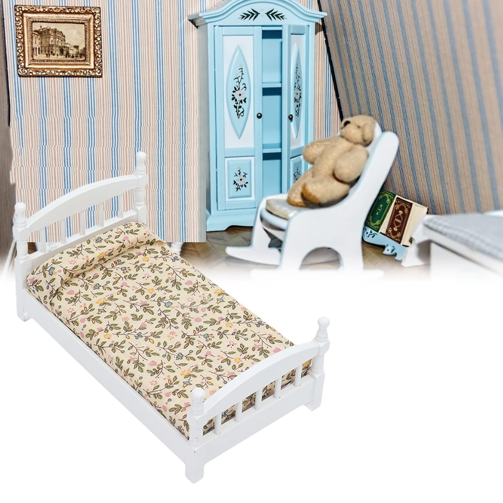1:12 Scale Wooden Dollhouse Bed with Mattress & Pillows - Miniature Bedroom Furniture Set for Dollhouse Decor, DIY Projects & Collectors
