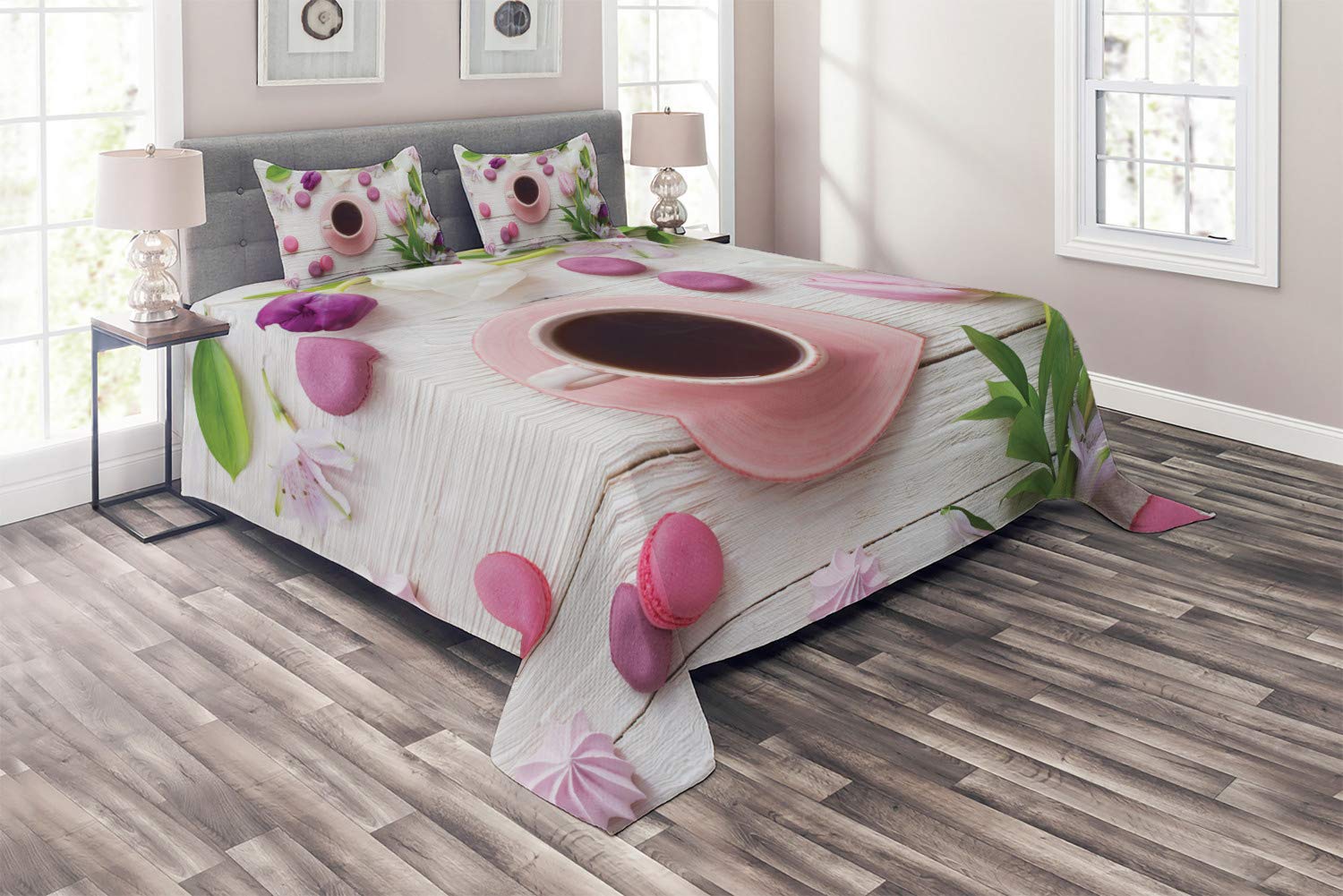 Ambesonne King Size 3-Piece Quilted Bedspread Set - Coffee Theme with Cup, Macaroons & Tulip Flowers Design, Includes 2 Pillow Shams - Multicolor Decorative Bed Cover for Master Bedroom, Guest Room & Cozy Home Decor