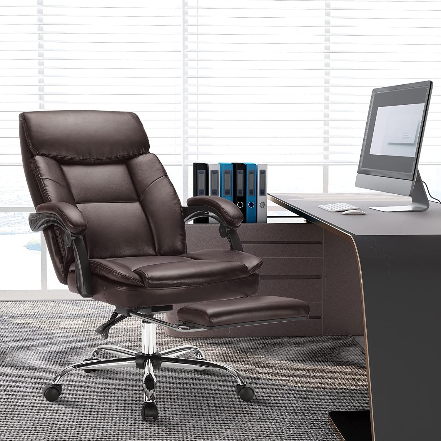 Premium Ergonomic Executive Office Chair - Big & Tall Leather Swivel Rolling Manager Chair with Adjustable High Back, Padded Armrests & Retractable Footrest - Perfect for Home Office, Gaming & Computer Workstations