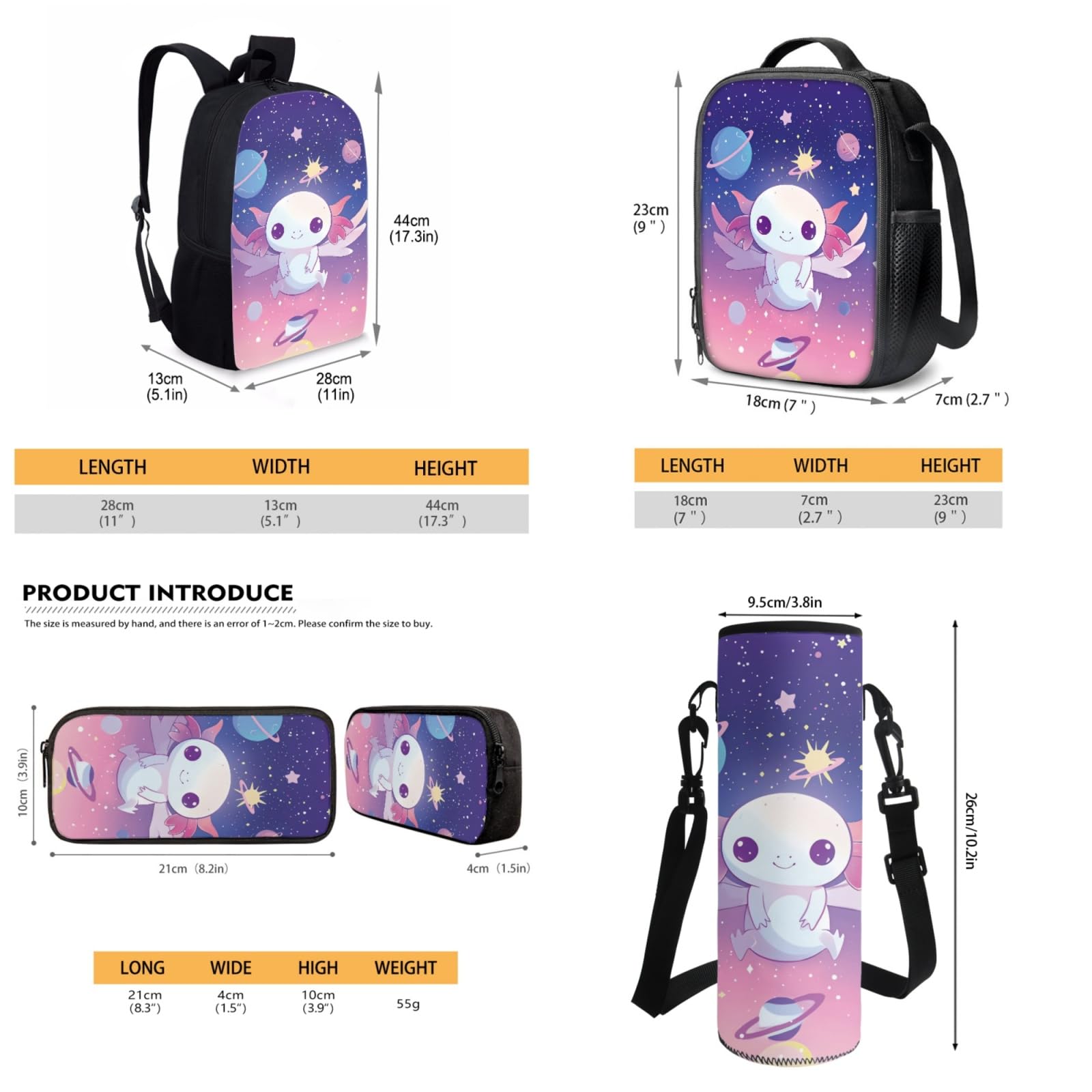 **Adorable Axolotl Backpack Set for Girls - Cute School Backpack with Lunch Box, Pencil Case & Bottle Holder - Perfect for Kindergarten & Elementary School - 4-Piece Bookbag Set for Daily Use & Outdoor Adventures**