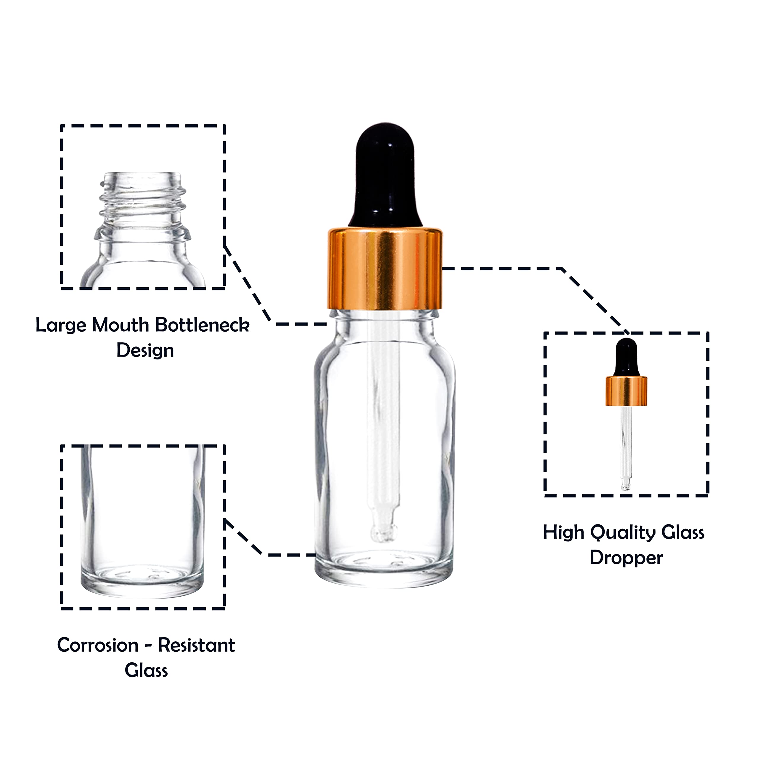 NSB Herbals 10ml Clear Round Empty Glass Bottle with Glass Dropper, Gold Ring & Black Silicone Teat - 6 Pack | Leakproof, Refillable for Essential Oils, Perfumes, DIY Beauty & Aromatherapy