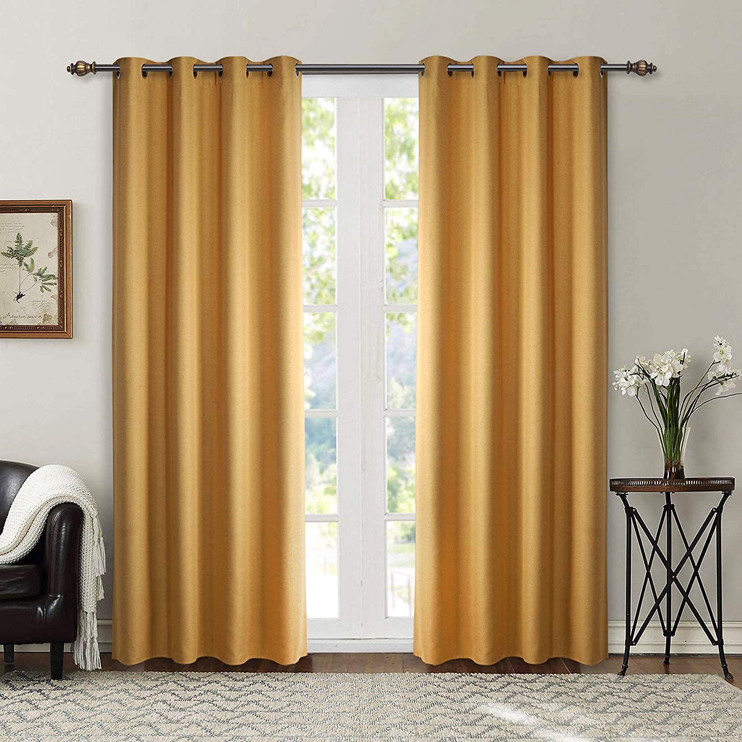 Thermal Insulated Blackout Curtains with Grommets - 2 Panels, Gold, Custom Size for Bedroom & Living Room - Noise Reducing & Energy Saving Window Treatments for Home, Office, and Bungalow
