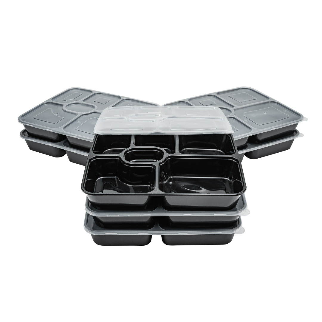 53 oz Black Plastic 6-Compartment Food Storage Container with Clear Lid - Microwave Safe (9.75
