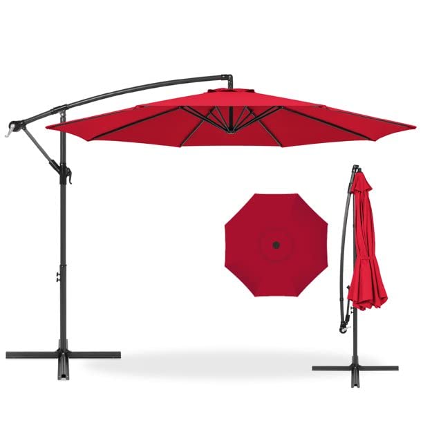 10ft Offset Hanging Outdoor Market Patio Umbrella with Easy Tilt Adjustment - Red Cantilever Umbrella for Poolside, Garden, Deck, and Restaurant Shade
