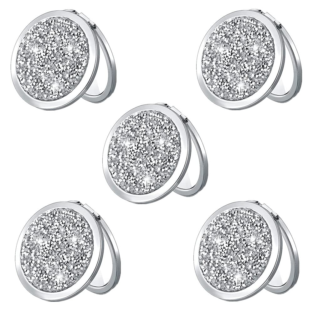 5 Pack Silver Compact Mirror with Diamond Design - 2x & 1x Magnification Folding Pocket Mirror for Makeup, Travel, Purse | Portable Small Mirror Gift Set for Women, Bridesmaids, Cosmetics Touch-ups
