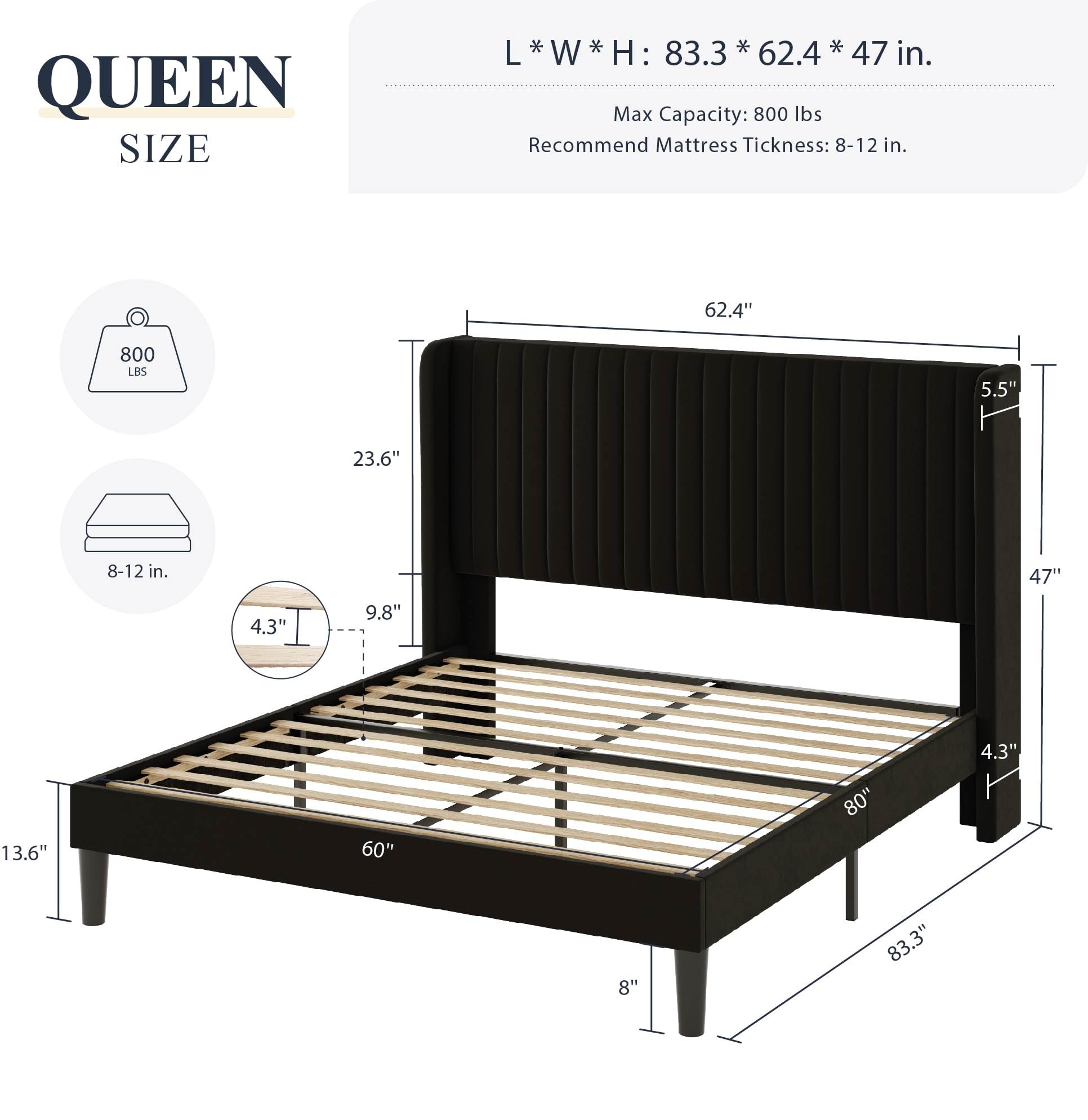 Allewie Queen Size Velvet Bed Frame with Vertical Channel Tufted Wingback Headboard - Upholstered Platform Bed with Sturdy Wooden Slats | No Box Spring Required | Easy Assembly in Black | Perfect for Modern Bedrooms & Master Suites