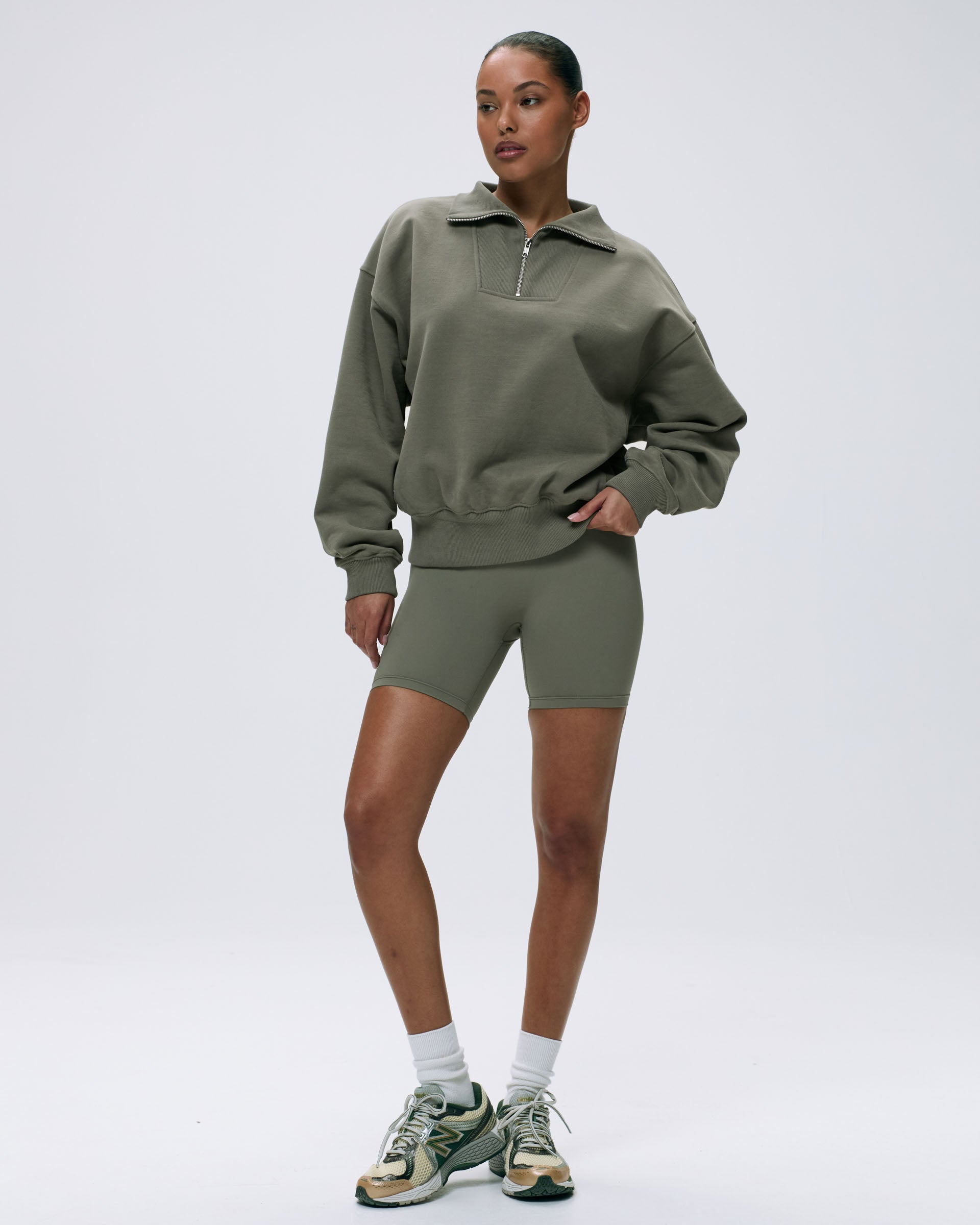 Relaxed Funnel Neck Zip Sweatshirt for Women - Olive Green Pullover Hoodie | Cozy Casual Wear for Fall & Winter, Lounge, Travel & Outdoor Activities