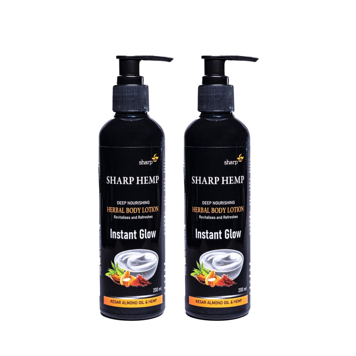 **SHARP Hemp Body Lotion with Kesar & Almond Oil (400ml Pack of 2) – Intensive Moisturizing & Nourishing for Dry Skin – Men & Women – Perfect for Daily Hydration & Post-Shower Care**    *(Use Case: Ideal for dry, rough skin – deeply hydrates and soothes after showering, gym sessions, or exposure to harsh weather.)*
