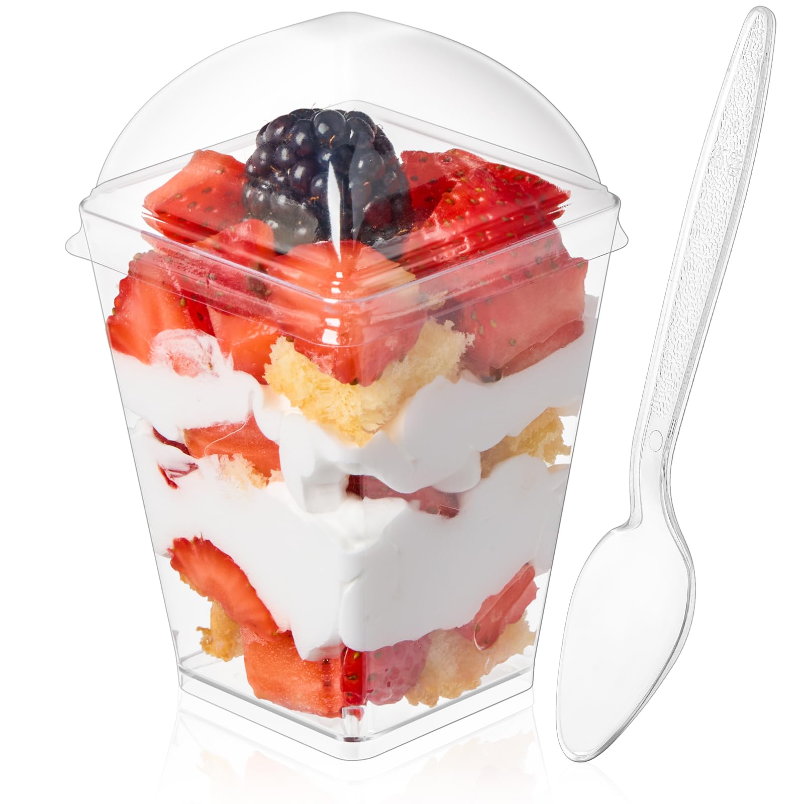 50-Pack 5oz Clear Plastic Dessert Cups with Dome Lids & Spoons - Square Mini Parfait Cups for Pudding, Ice Cream, Fruit, Appetizers - Perfect for Parties, Catering, and Home Dessert Serving