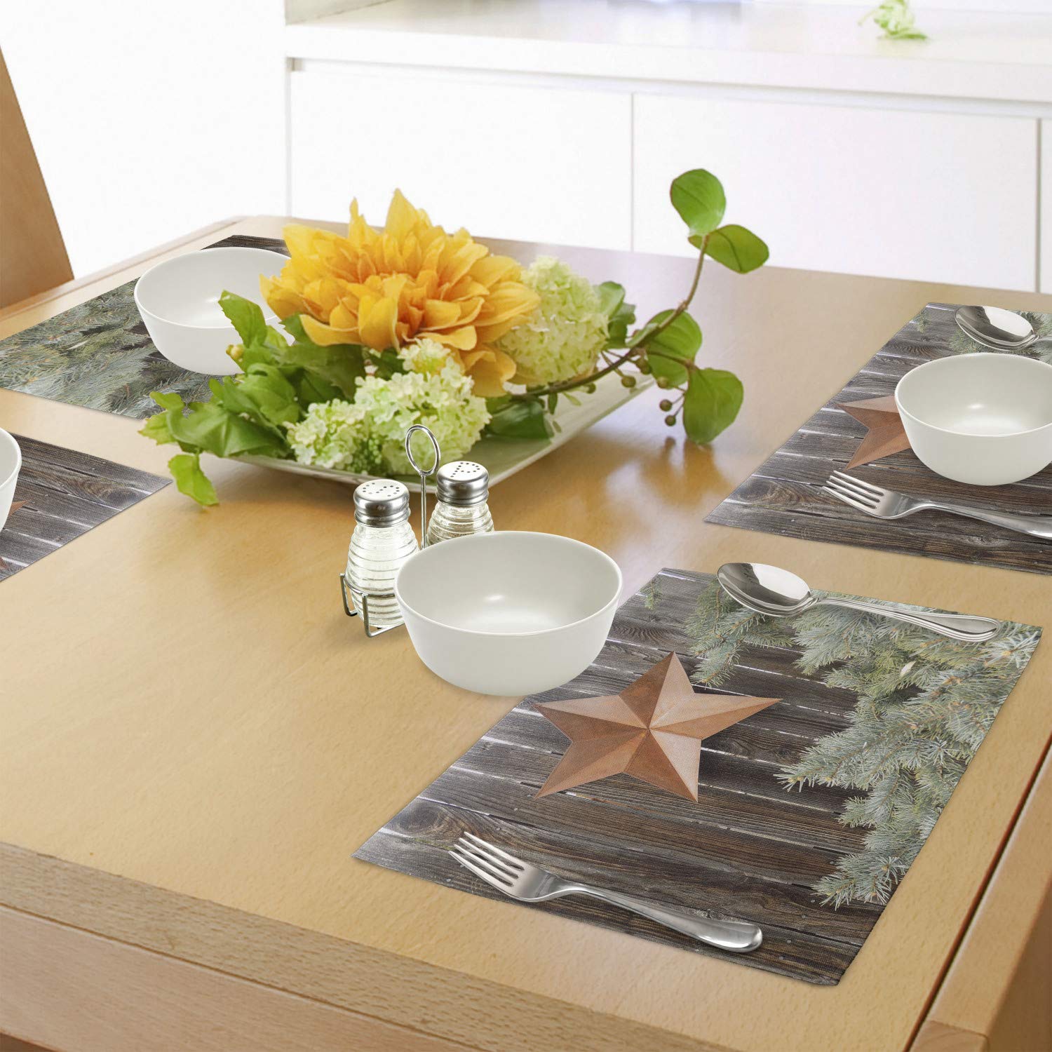 Ambesonne Prehistoric Country Place Mats Set of 4 - Orange Star on Wood Fence Design, Washable Fabric Table Mats for Dining Room, Kitchen & Outdoor Picnics (Standard Size, Orange Green Brown)