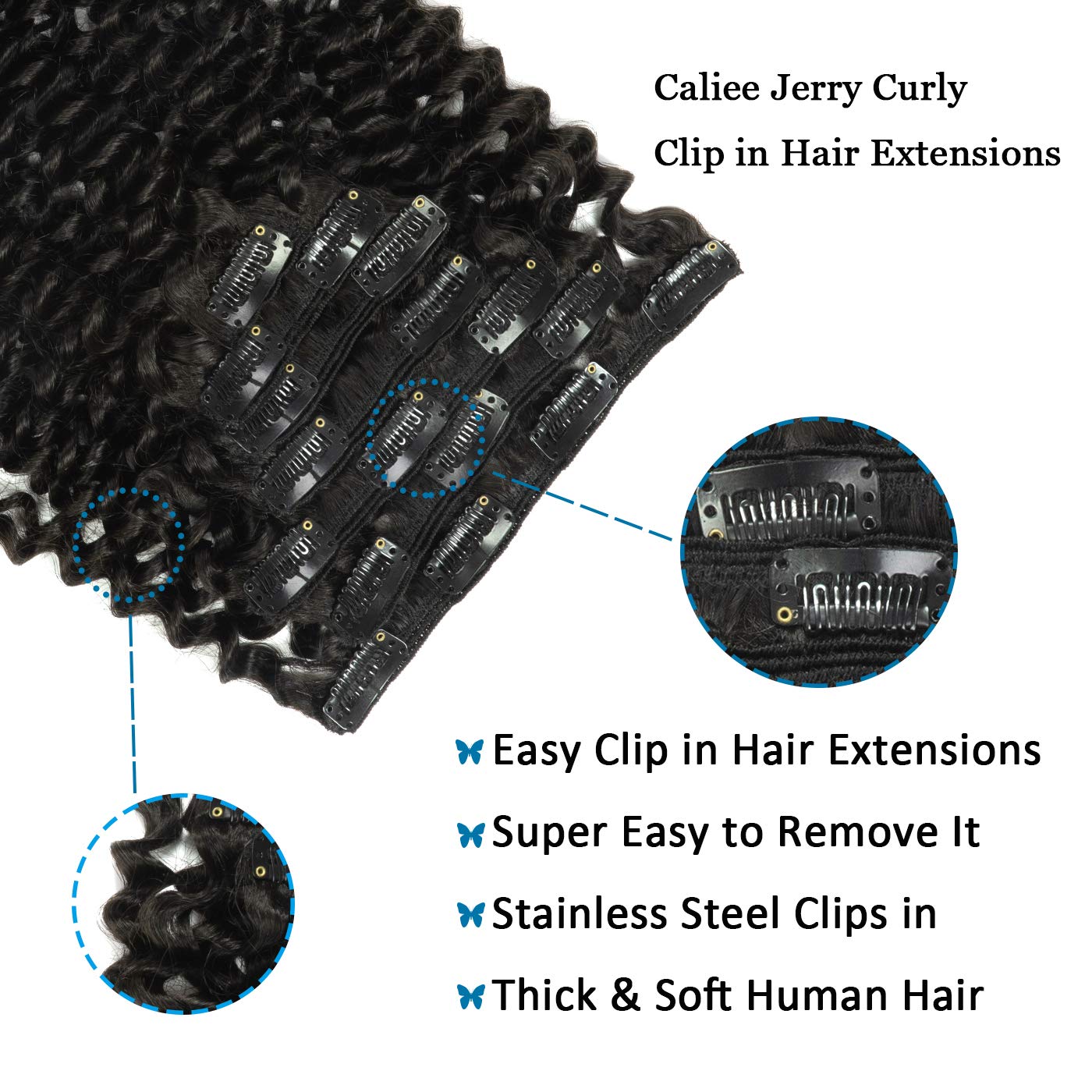 Caliee 16-Inch Jerry Curly Clip-In Human Hair Extensions - Natural Black 1B Remy Hair, Double Weft Thick Ends (7Pcs/17 Clips, 120g) for 3B/3C Curls | Perfect for Parties, Weddings & Daily Styling