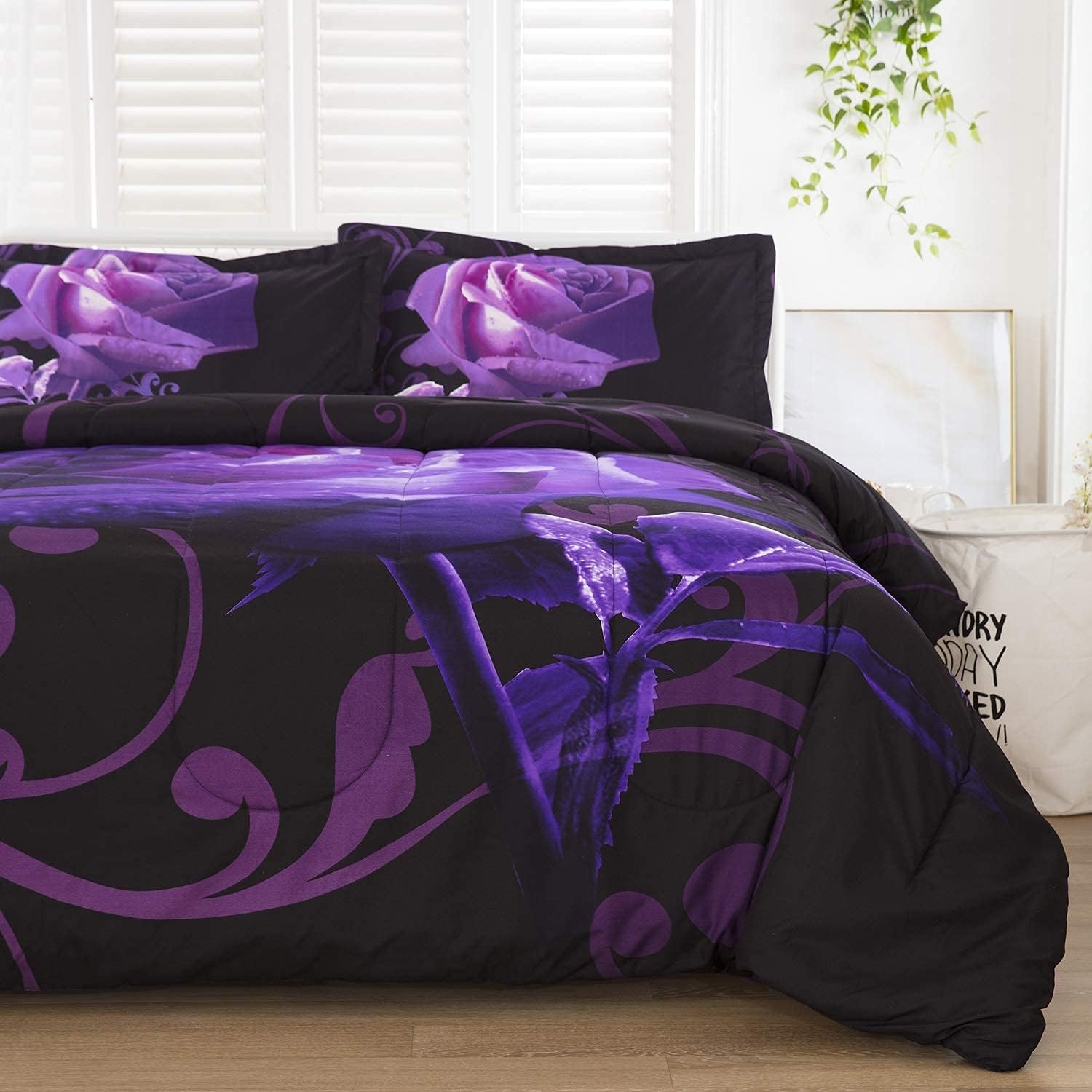 WONGS BEDDING Reversible Purple Rose Comforter Set - Full Size 90x78 Inch All-Season Microfiber Bedding with 2 Pillowcases | Soft & Breathable | Perfect for Master Bedroom, Guest Room & Dorm Decor