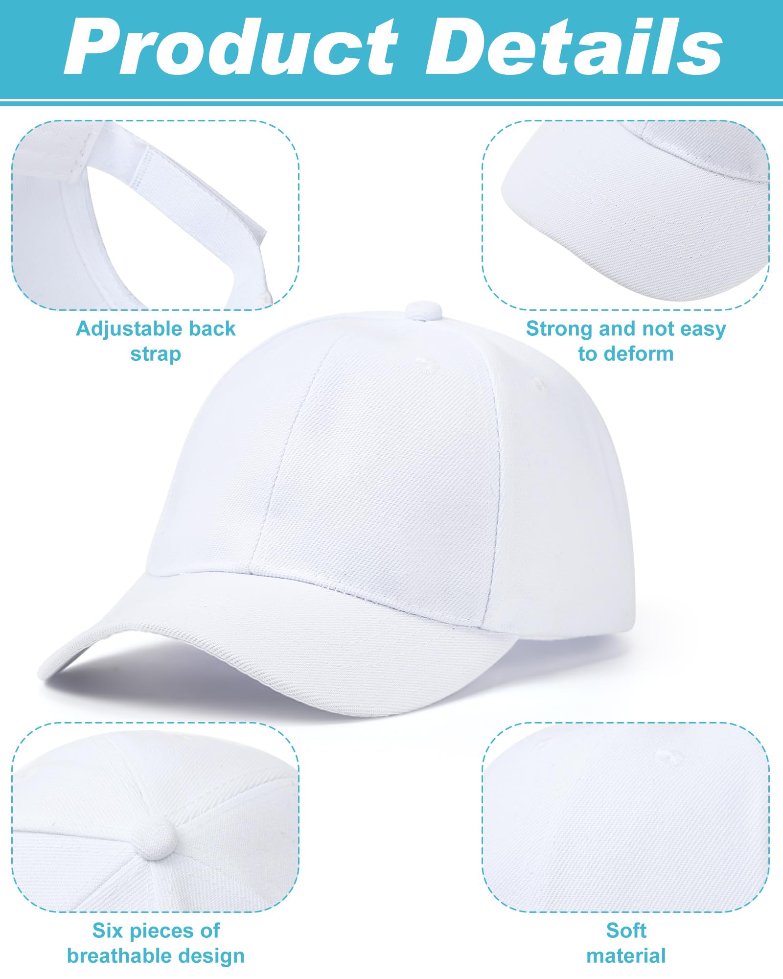 Bonuci 60 Pack White Blank Baseball Caps Bulk - Adjustable Sublimation Trucker Hats for Men & Women - DIY Customizable Hats for Sports, Events & Promotions