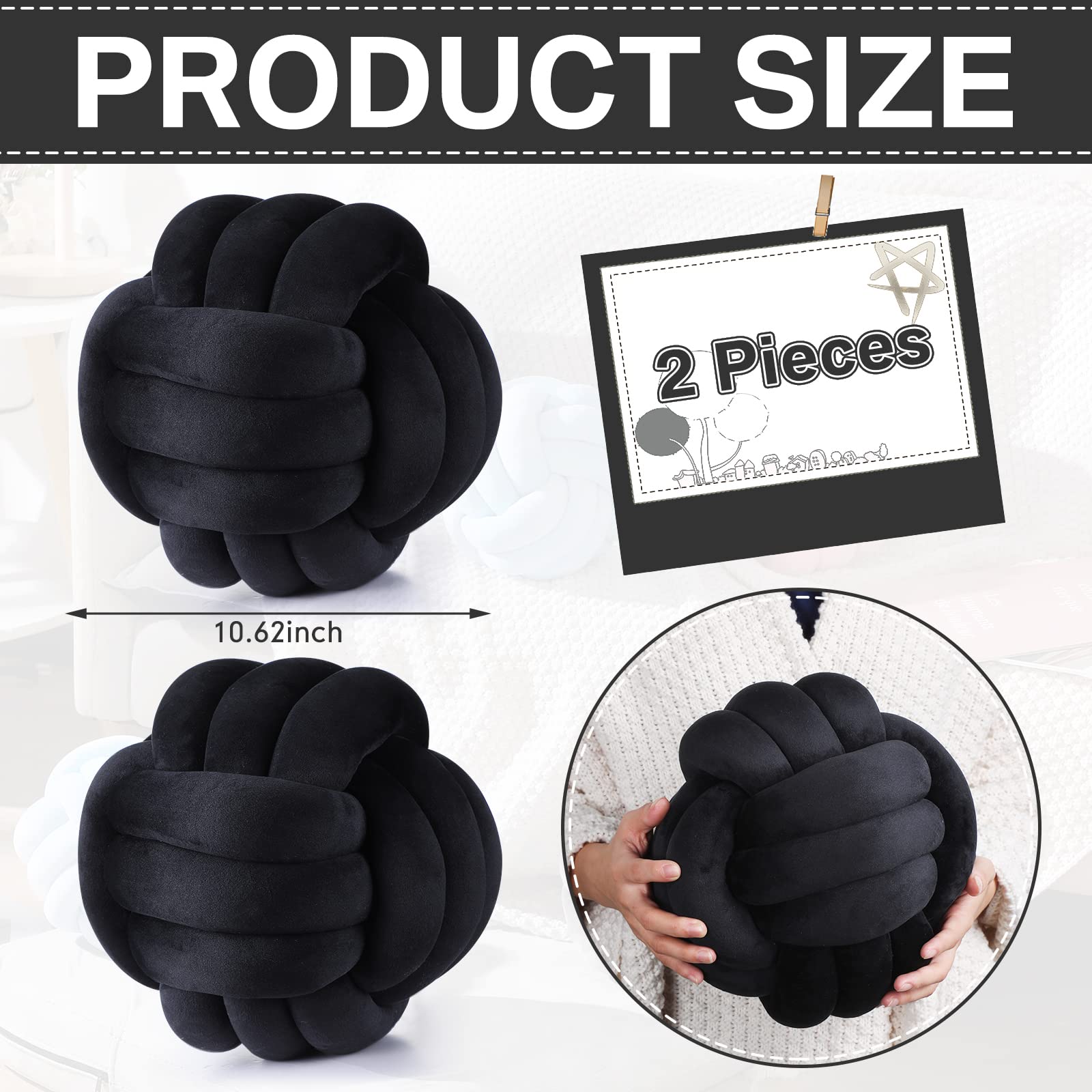 Namalu 2-Pack Plush Stress Relief Knot Pillows - 10.6 Inch Round Decorative Throw Pillows for Sofa, Bed & Home Decor (Black) | Anxiety Relief & Cozy Living Room Accents