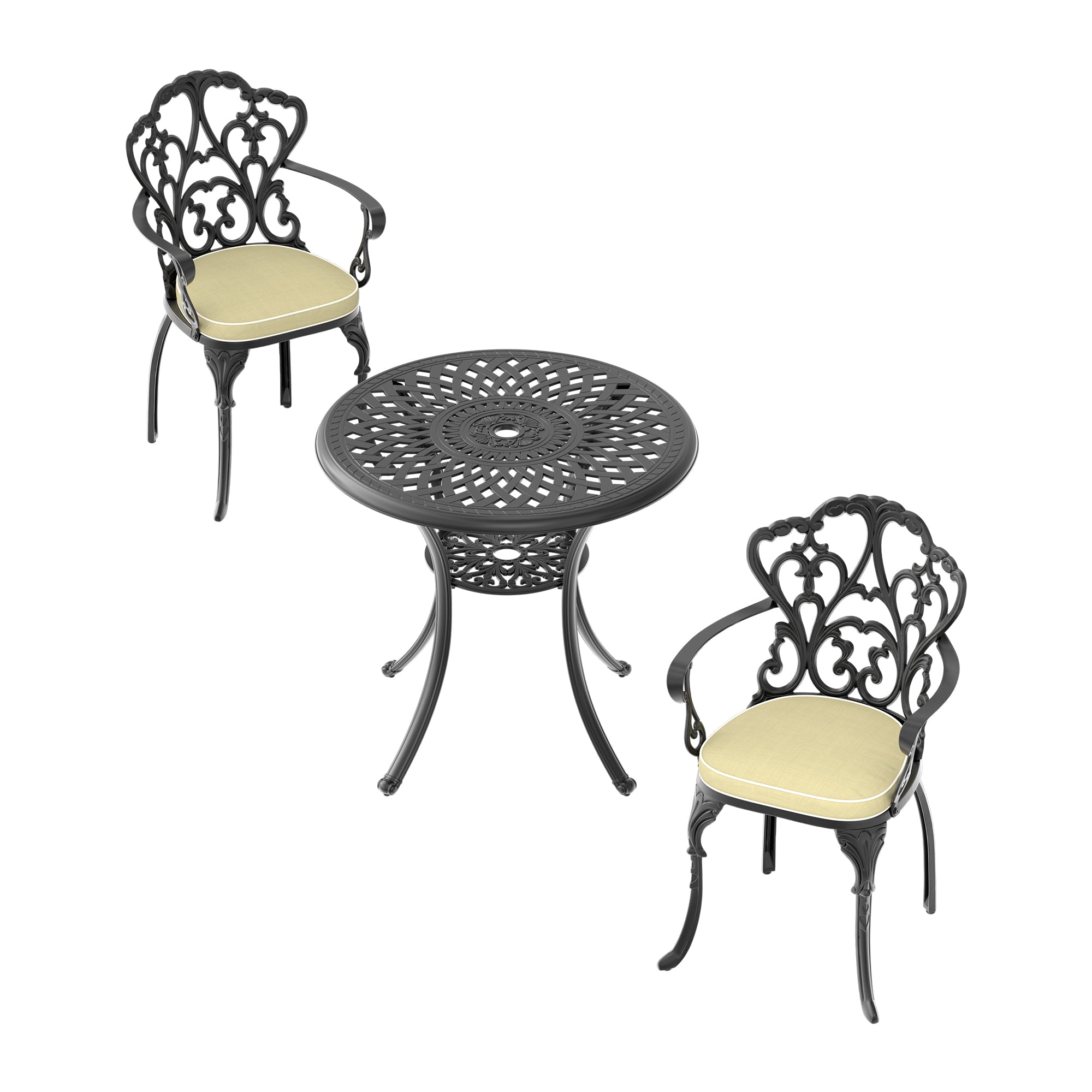 3-Piece Cast Aluminum Patio Furniture Set with Cushions (Random Colors) - Outdoor Dining & Lounge Set for Garden, Poolside, and Backyard Relaxation