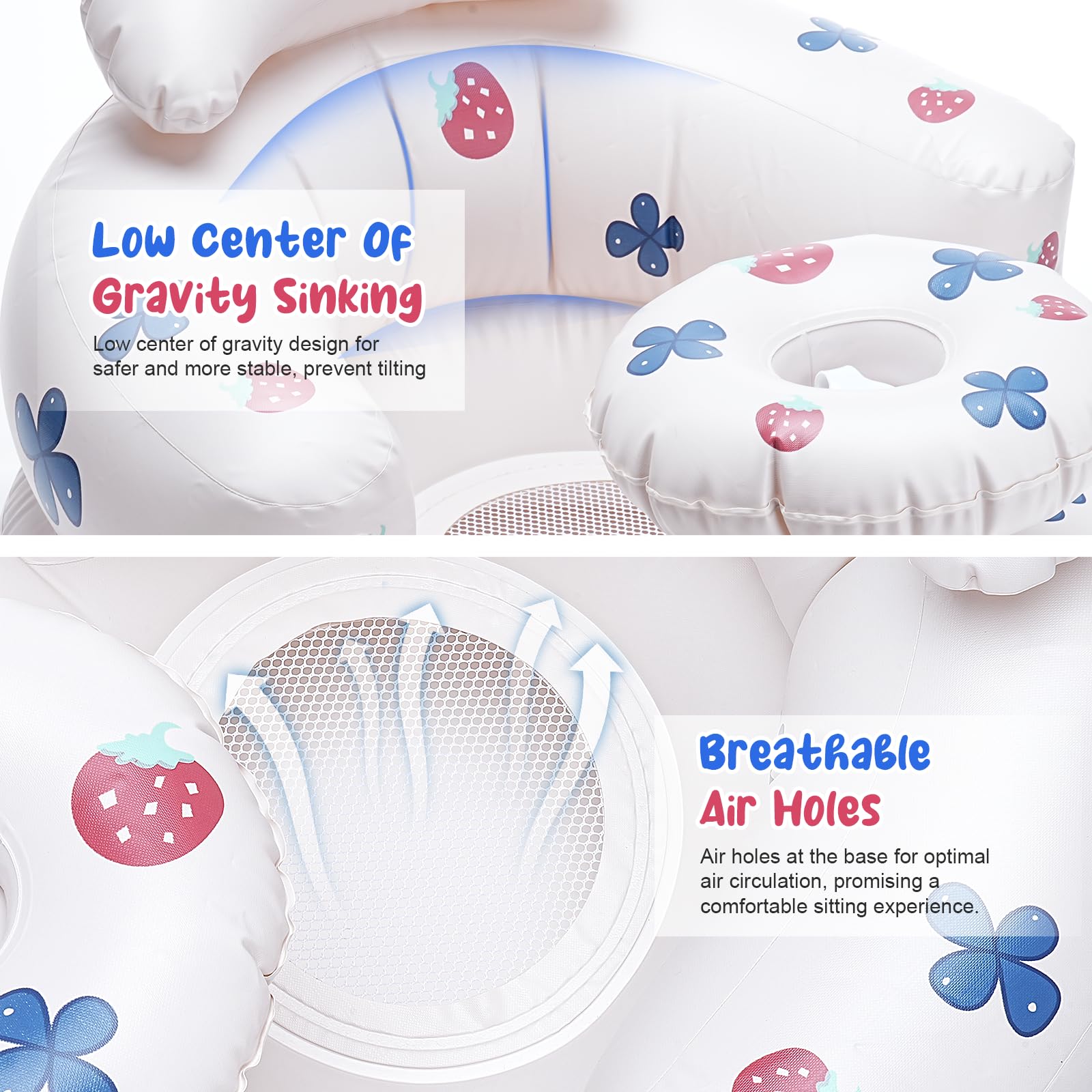 LINGSFIRE Inflatable Baby Seat for Infants 3 Months and Up - Portable Blow Up Baby Chair with Built-in Air Pump for Home, Travel, and Floor Sitting - Perfect Baby Shower Gift (White) - Great for Indoor Play, Beach Trips, and Outdoor Adventures