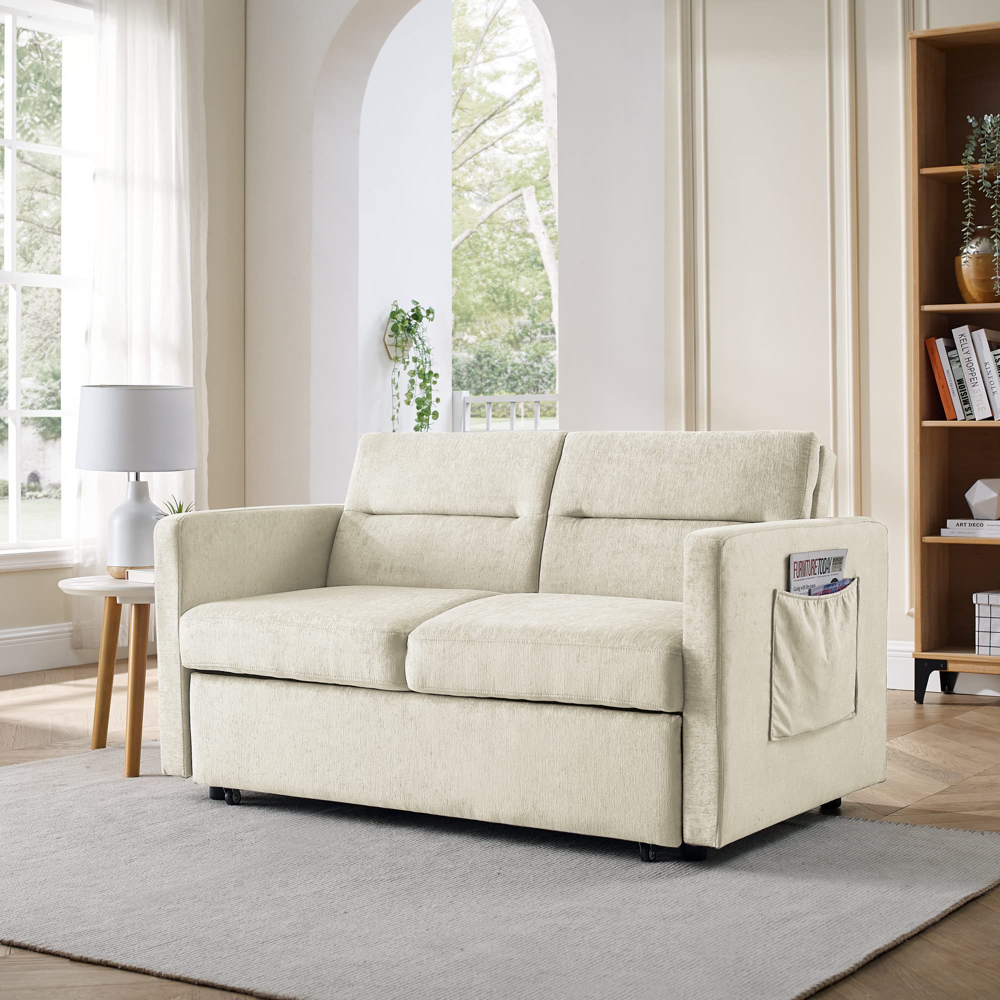 FANYE Velvet Upholstered Loveseat Sleeper Sofa with Storage Pockets - 54.5