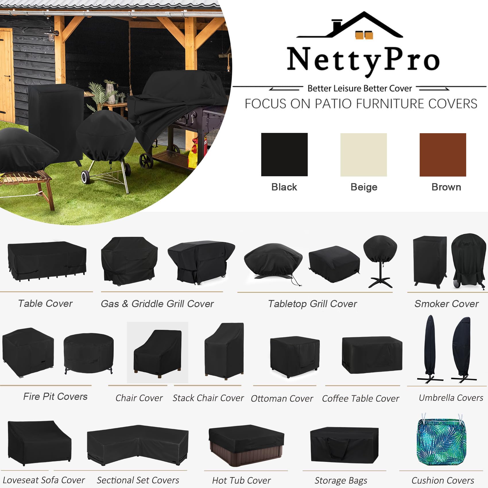 NettyPro Waterproof Deck Box Cover - Fade Resistant Outdoor Storage Bench Cover for 71-100 Gallon Resin Deck Box (46