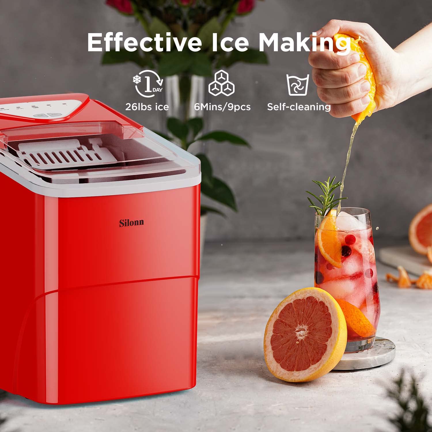 Silonn Countertop Ice Maker Machine - 9 Cubes in 6 Minutes, 26lbs Daily, Self-Cleaning with Ice Scoop & Basket - 2 Bullet Ice Sizes for Home, Kitchen, Office, Bar, Party (Red) | Perfect for Cocktails, Beverages, and Entertaining Guests