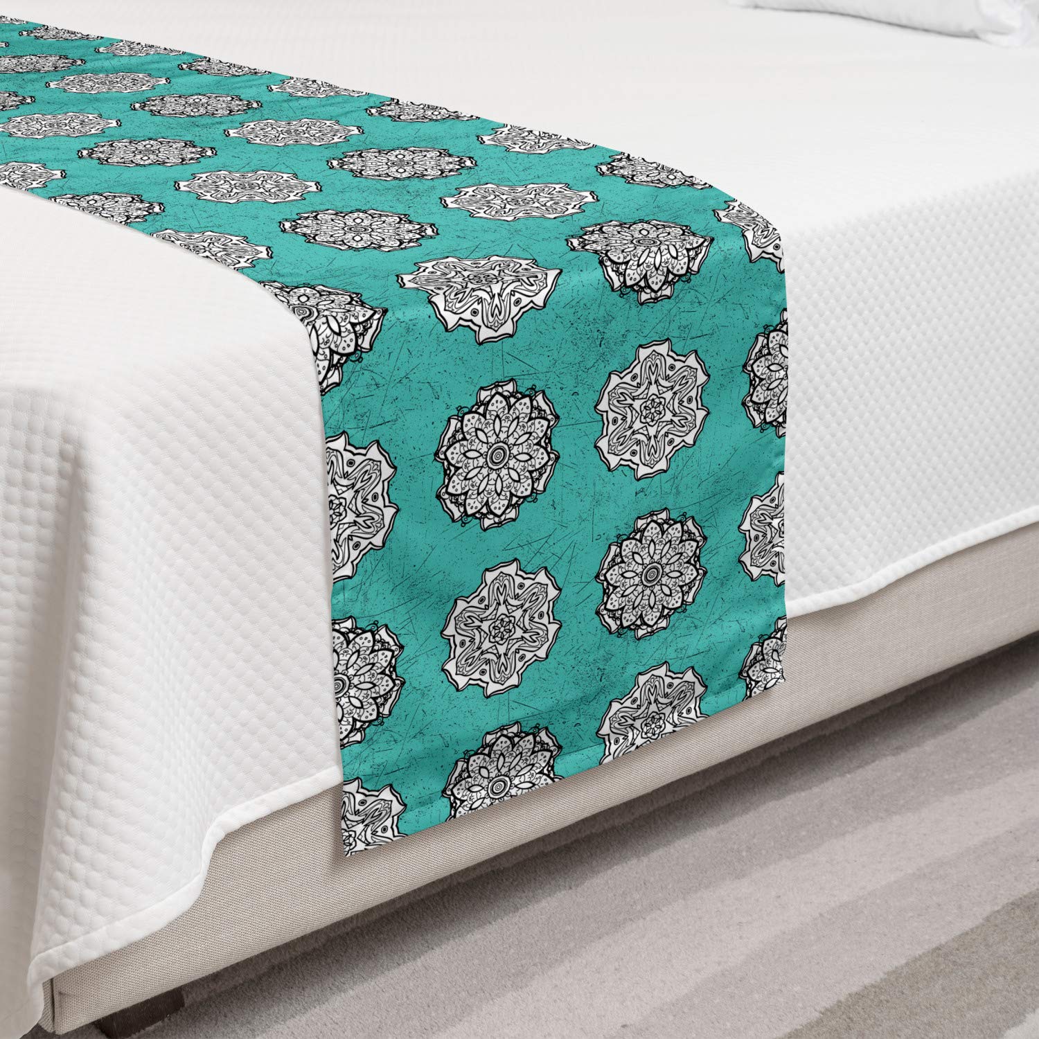 Ambesonne Blue Mandala Bed Runner Set with 2 Pillow Shams - Medieval Floral Royal Pattern Symmetrical Motifs Decorative Bedding Scarf for Hotels & Homes - Turquoise & Black - Perfect for Bohemian Bedroom Decor, Guest Room Styling and Luxury Hotel Accents
