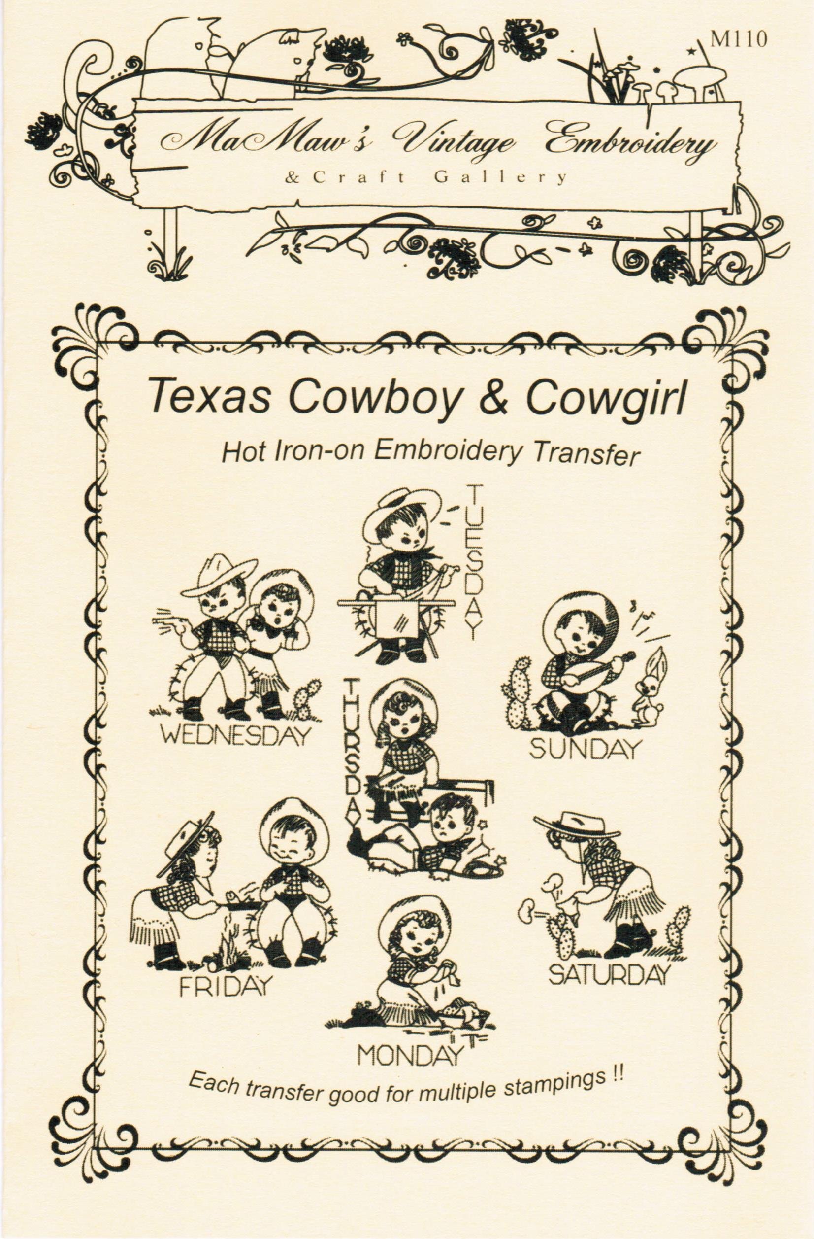 Texas Cowboy & Cowgirl Iron-On Embroidery Transfers for Tea Towels - DIY Western Kitchen Decor, Farmhouse Style Home Accessories