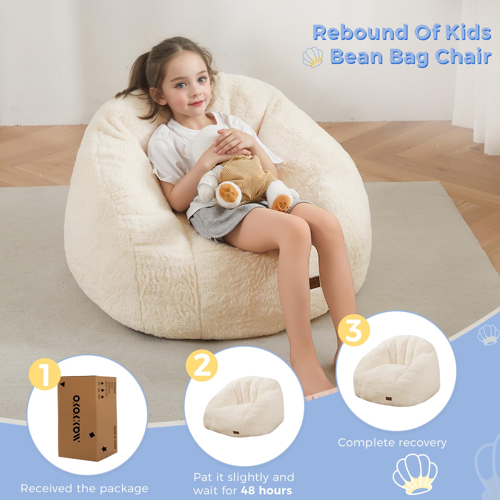 MAXYOYO Kids Bean Bag Chair - Shell Shaped Bean Bag Couch for Boys & Girls, Soft Beige Comfortable Seating for Playroom, Bedroom, Reading Nook & Relaxation
