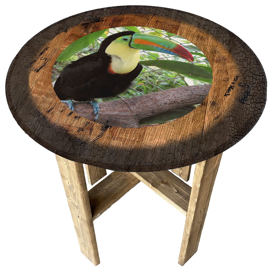 Tropical Toucan Beach Wall Decor - Rustic Farmhouse Round Whiskey Barrel End Table for Living Room, Patio & Coastal Home Decor