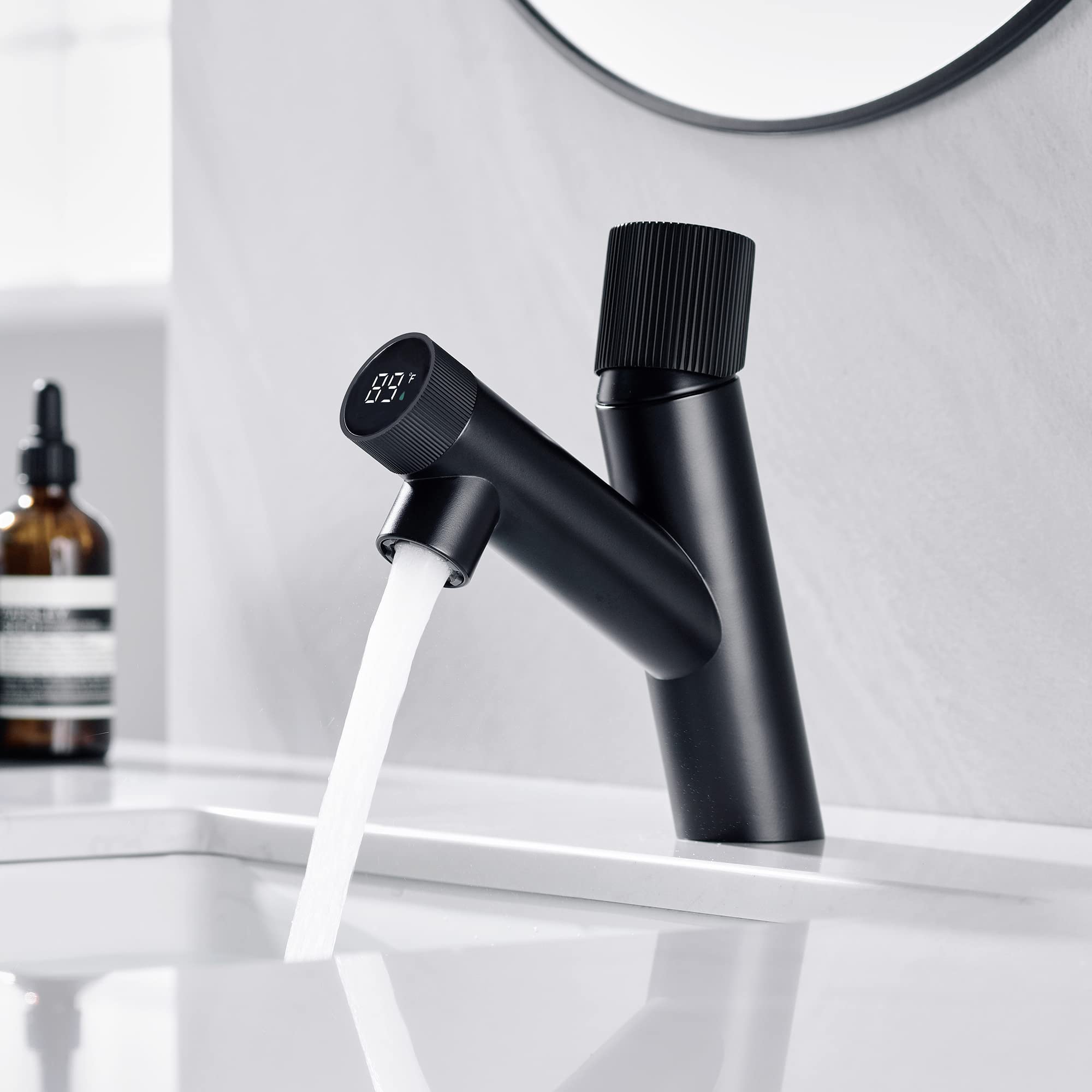 HEILAIYI Brass Bathroom Faucet with Temperature Display - Anti-Skid Hot/Cold Control for Sink (Black)