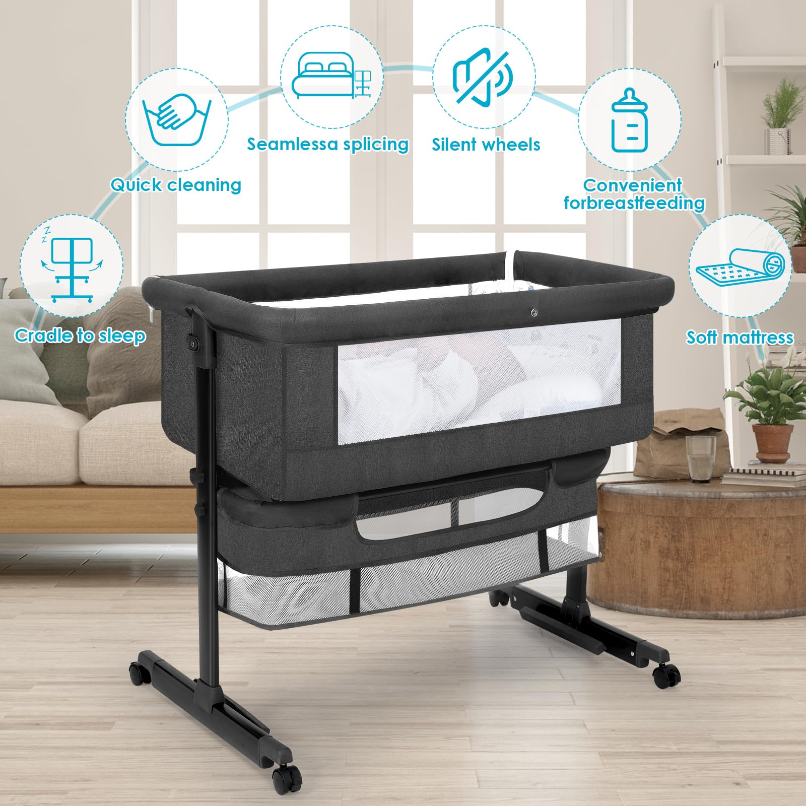 Portable Baby Bassinet Bedside Sleeper - Foldable Crib for Newborns & Infants | Dark Gray Nursery Essential for Girls & Boys | Perfect for Bedroom, Nursery & Travel (2024 New Style)