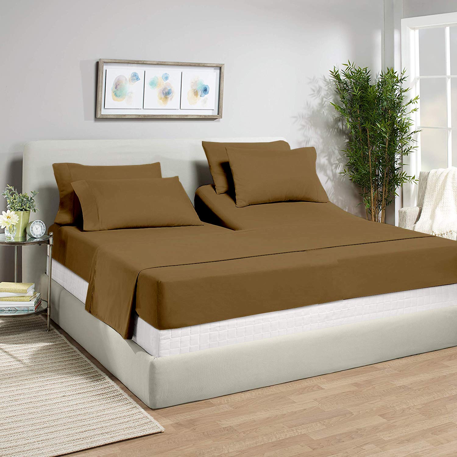 Split King Sheet Set - 100% Cotton 400-Thread-Count Taupe Solid Adjustable Bed Sheets with 15