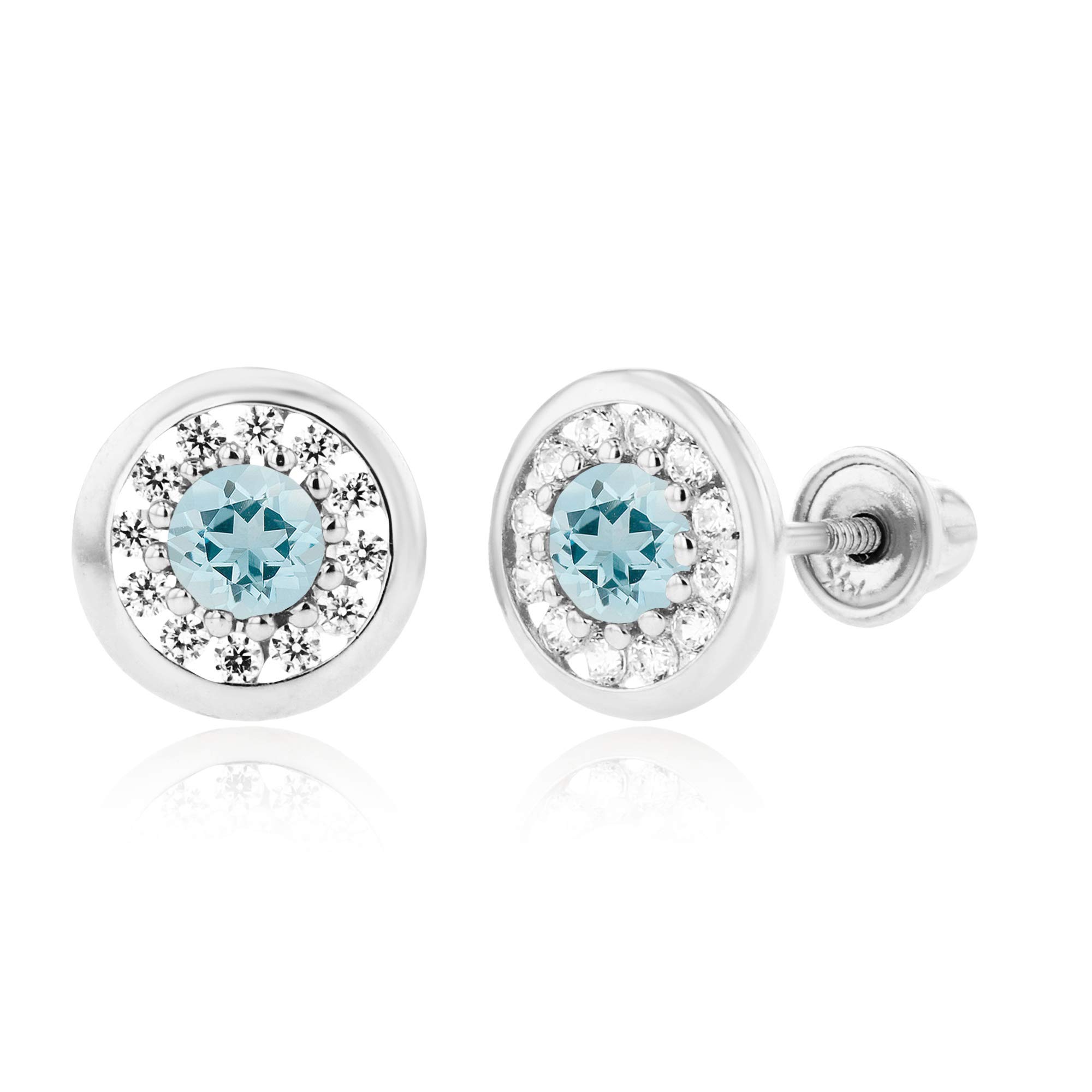 14K Solid Gold 7mm Circle Natural Birthstone Screwback Stud Earrings for Women | 3mm Birthstone & 1mm White Sapphire Pave | Perfect for Everyday Wear, Gifts & Special Occasions