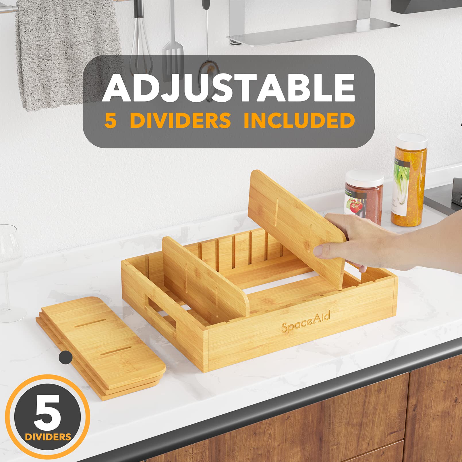 SpaceAid Bamboo Lid Organizer - 5 Adjustable Dividers Kitchen Cabinet Organizer for Food Storage Containers | Pantry & Cabinet Organization Solution for Pots, Pans & Plastic Container Lids