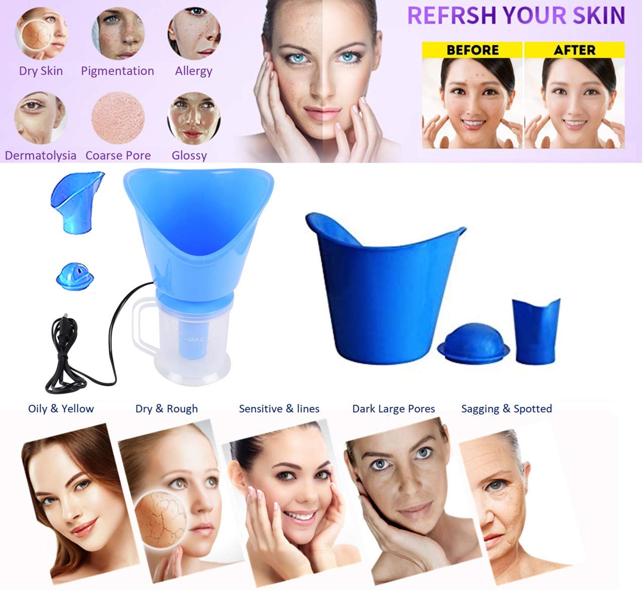 3-in-1 Tree Fit Facial Steamer & Vaporizer with Attachments - Facial Sauna, Nose Steamer & Cough Relief | Portable Home Spa Device for Skin Care & Cold Relief (Blue) | Perfect for Daily Skincare Routine & Allergy Season Comfort