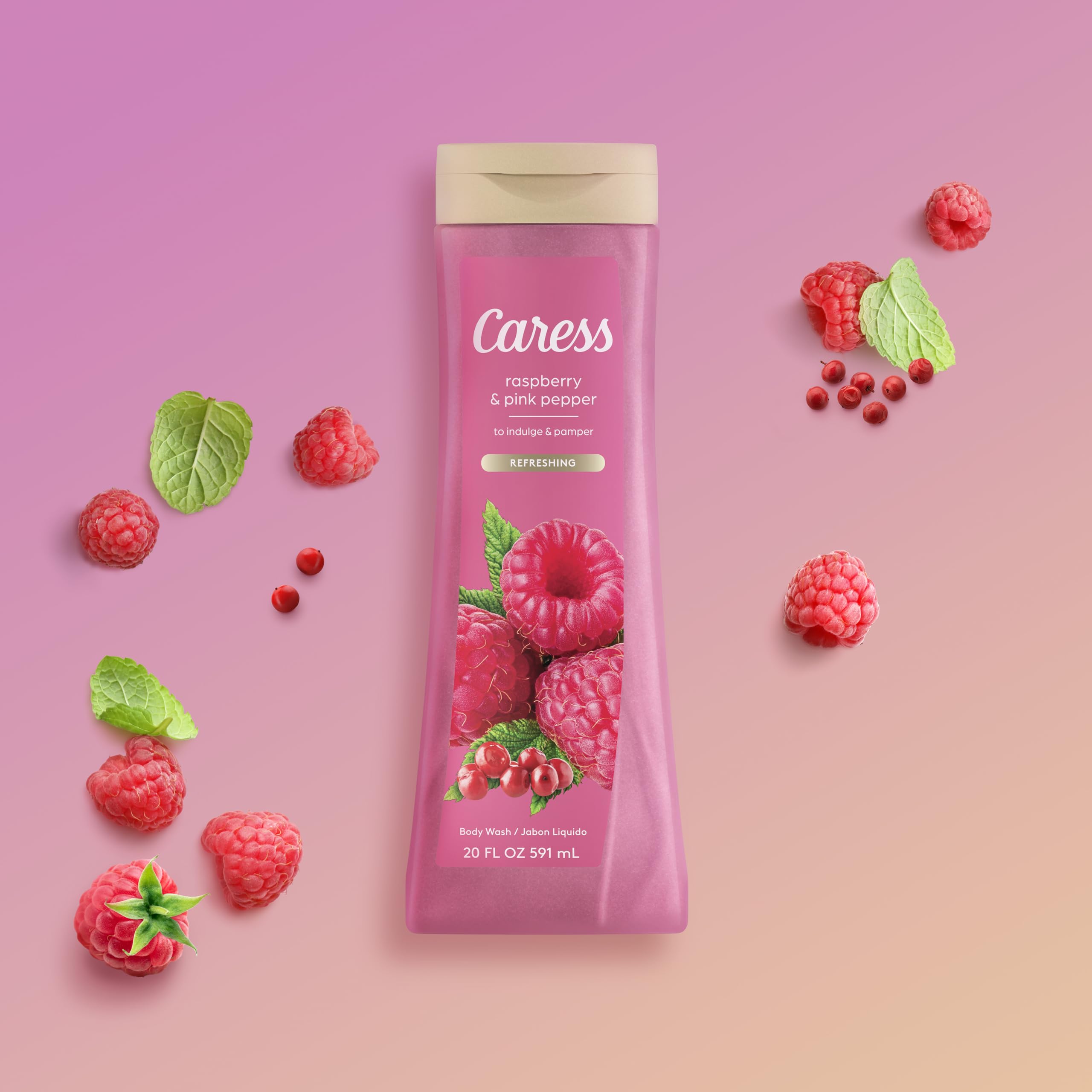 Caress Moisturizing Body Wash with Raspberry & Pink Pepper - Hydrating & Refreshing Liquid Soap for Smooth Skin - 20 Fl Oz (Pack of 2) - Perfect for Daily Shower, Spa Day & Gift Giving