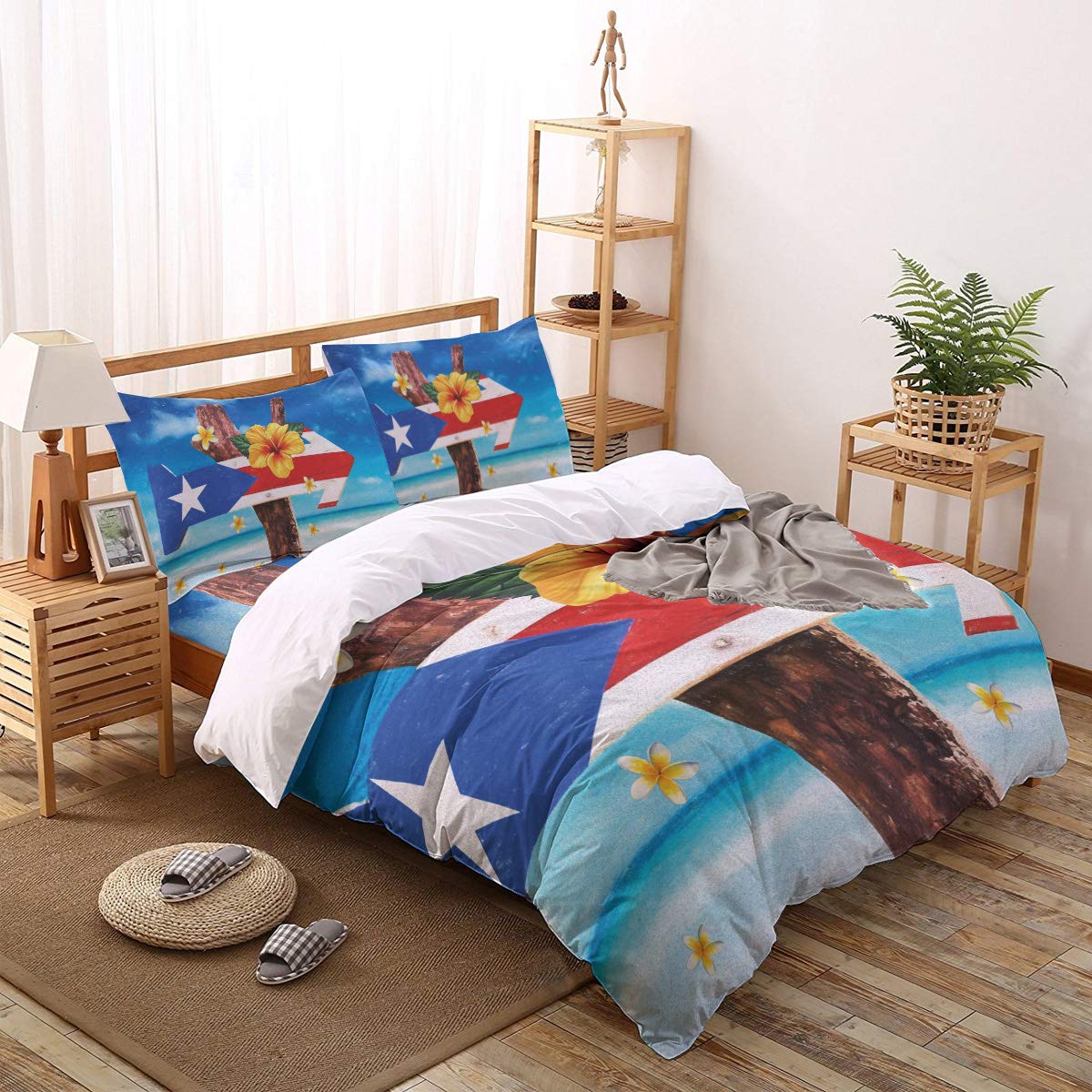 4-Piece Puerto Rico Flag Duvet Cover Set with Hibiscus Print - Queen Size Ultra Soft Quilted Bedding Includes 2 Pillowcases - Tropical Seaside Landscape Design for Coastal & Vacation Home Decor