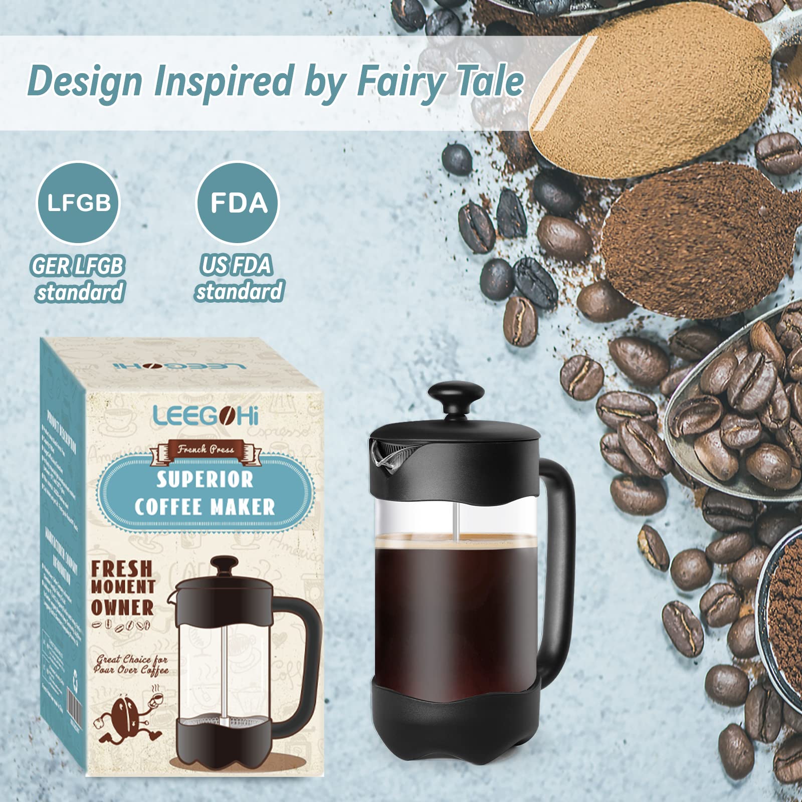 LEEGOHI 1000ml French Press Coffee Maker, 4-Stage Filtration System, 304 Stainless Steel, Perfect for Brewing Coffee & Loose Leaf Tea – Ideal for Home, Office, and Camping Use