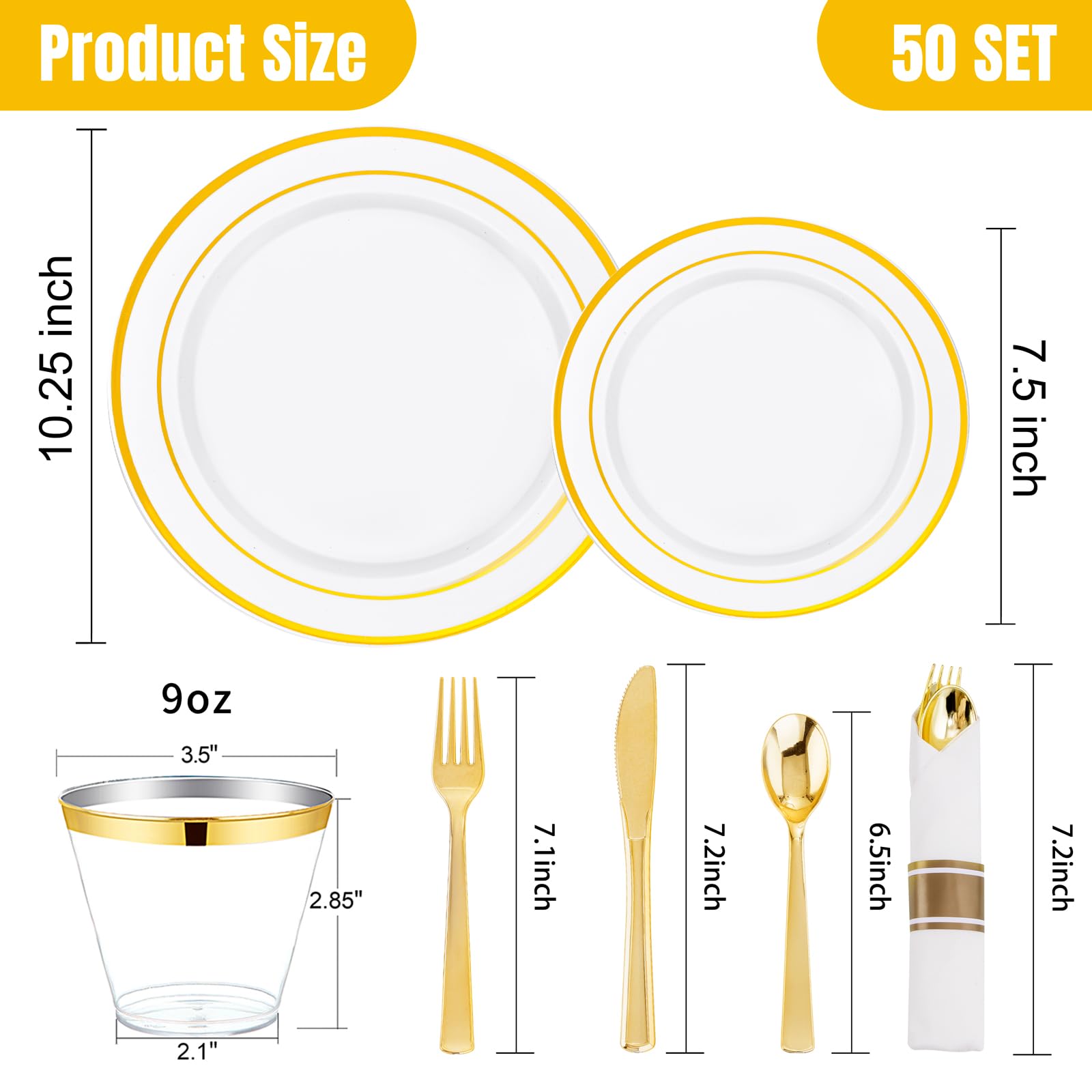 WELLIFE 350-Piece White and Gold Disposable Plastic Dinnerware Set - Includes 100 Gold Plates, 150 Silverware, 50 Napkins, 50 Cups for Party, Wedding, Baby Shower & Events - Elegant Disposable Tableware for 50 Guests