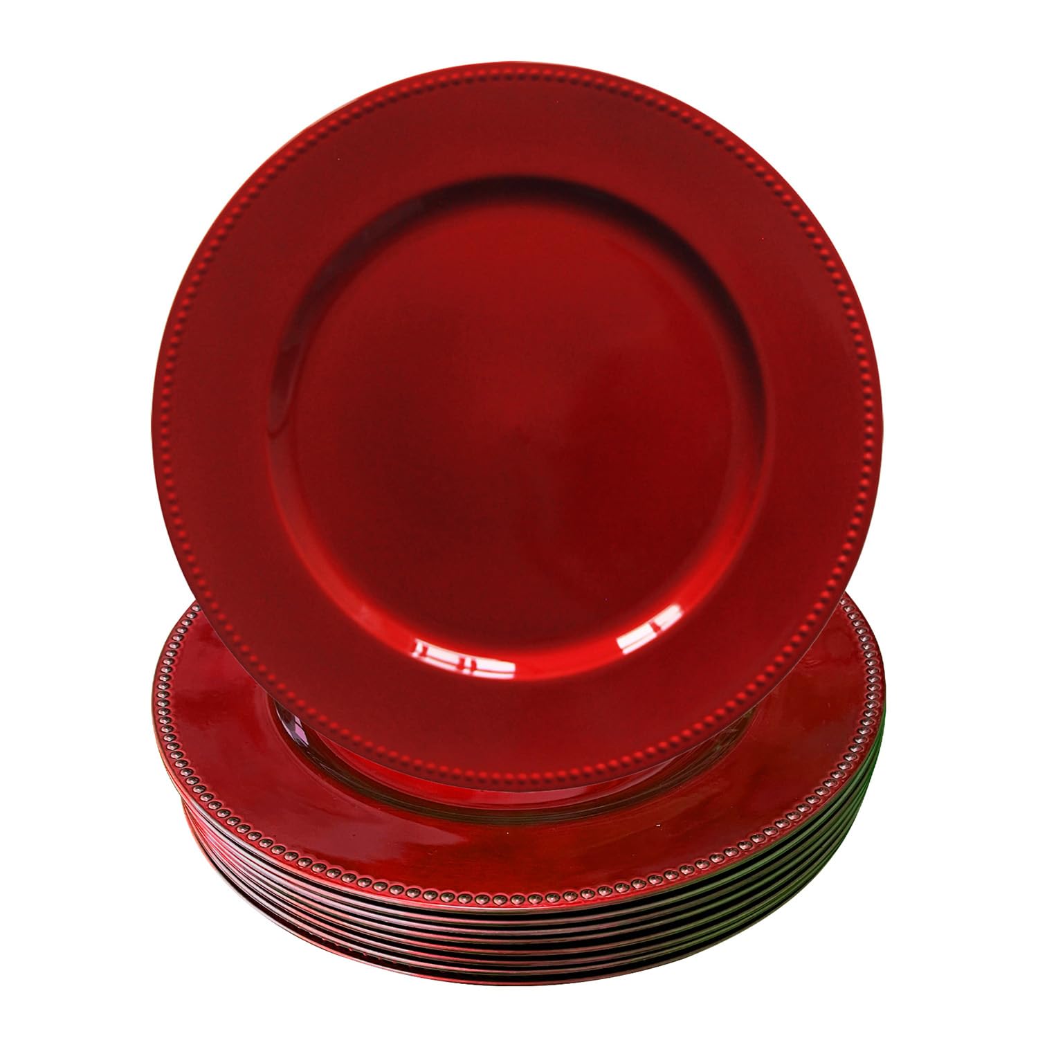 WELMATCH 12-Pack Red Plastic Beaded Charger Plates - 13 Inch Round Decorative Dinner Plates for Wedding, Party, Holiday & Special Events (Set of 12, Elegant Red) - Perfect for Table Settings, Buffets, and Formal Dining Decorations