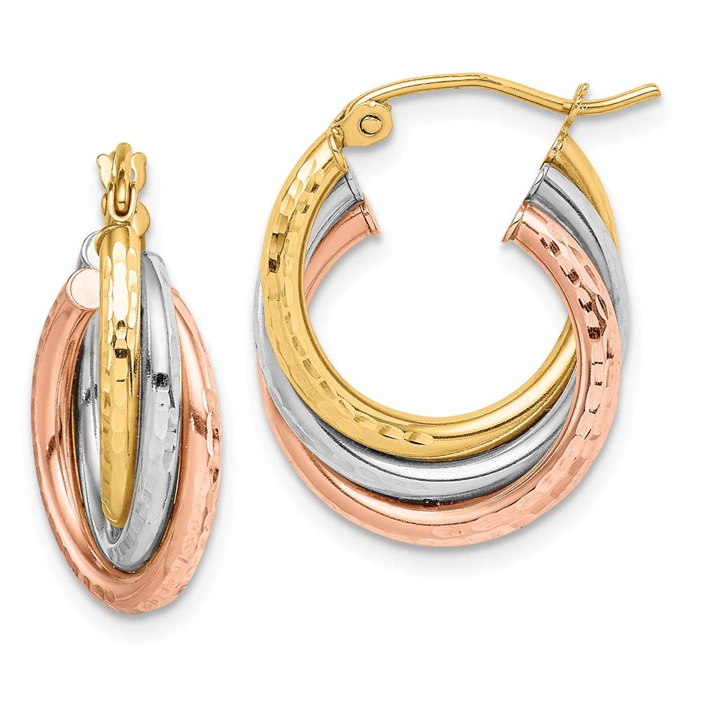 10K Yellow, White & Rose Gold Triple Hoop Earrings for Women - Diamond-Cut Design - Perfect for Parties, Weddings & Everyday Wear