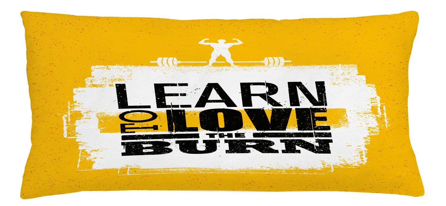 Ambesonne Fitness Throw Pillow Cover - 'Learn to Love The Burn' Motivational Text with Grungy Athlete & Barbell Design - Decorative Rectangle Cushion Case 36x16 Inches in Marigold White Black - Perfect for Gym Decor, Home Workout Space & Sports Enthusiast Gifts