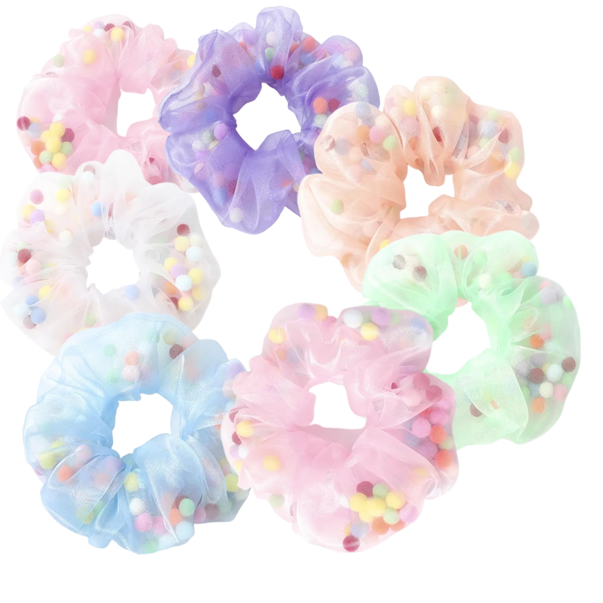 Honbon Soft, Light & Non-Slip Chiffon Scrunchies with Mesh Pom Pom Balls - 12 Pack Colorful Hair Ties for Women & Girls (Thin/Thick Hair) - Perfect for School, Work, Parties & Everyday Styling