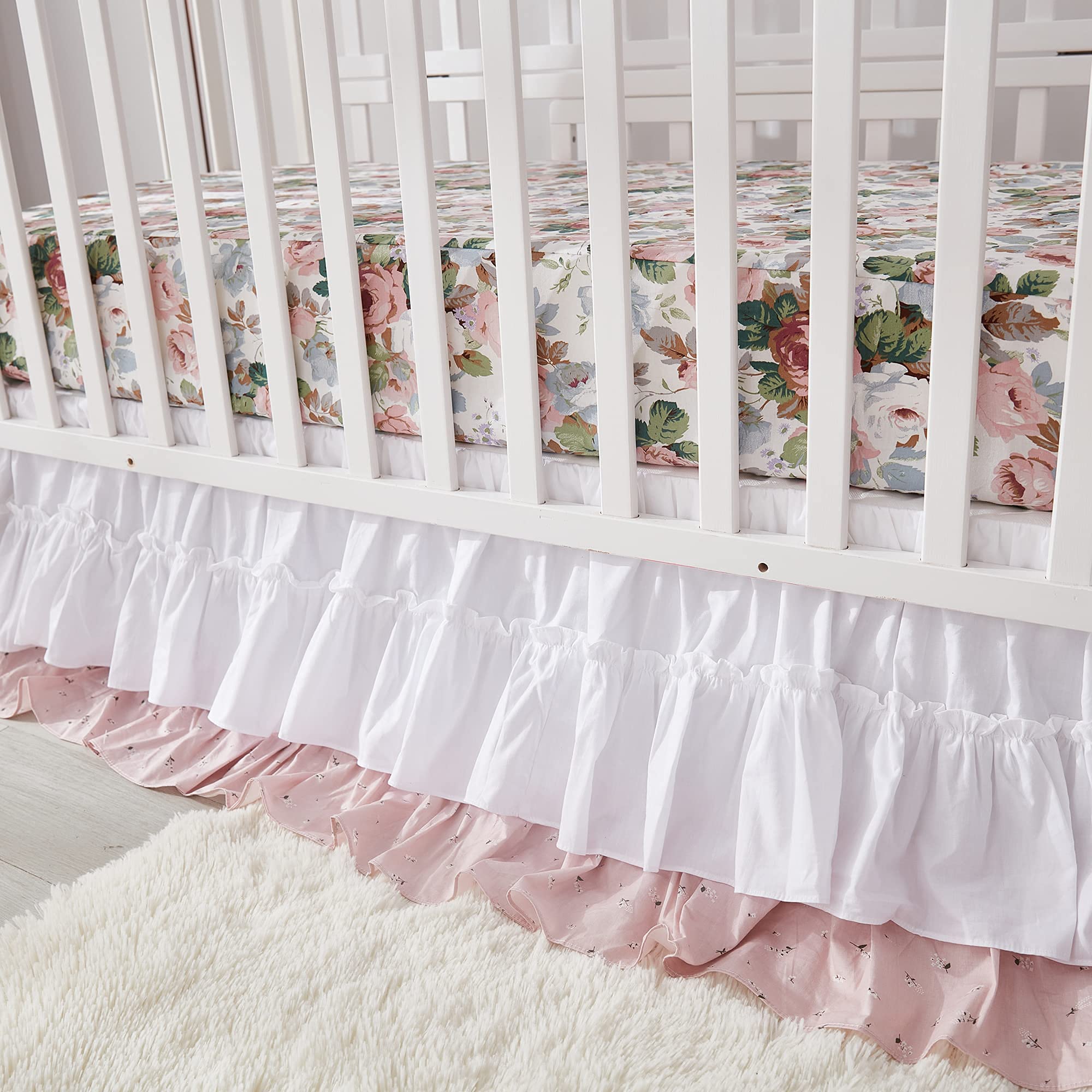 Brandream French Country Garden Floral 3-Piece Baby Crib Bedding Set - Ruffled Quilt, Fitted Sheet & Skirt in White, Blush Pink & Green | Perfect for Girls Nursery Decor & Baby Shower Gifts