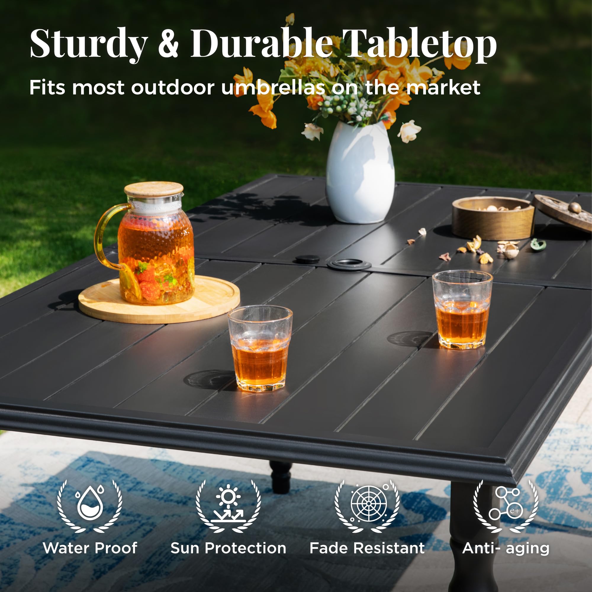6-Person Outdoor Patio Dining Table with Umbrella Hole - Durable Metal Rectangle Table for Lawn, Garden, Backyard & Porch | Perfect for Summer BBQs, Poolside Gatherings & Al Fresco Dining
