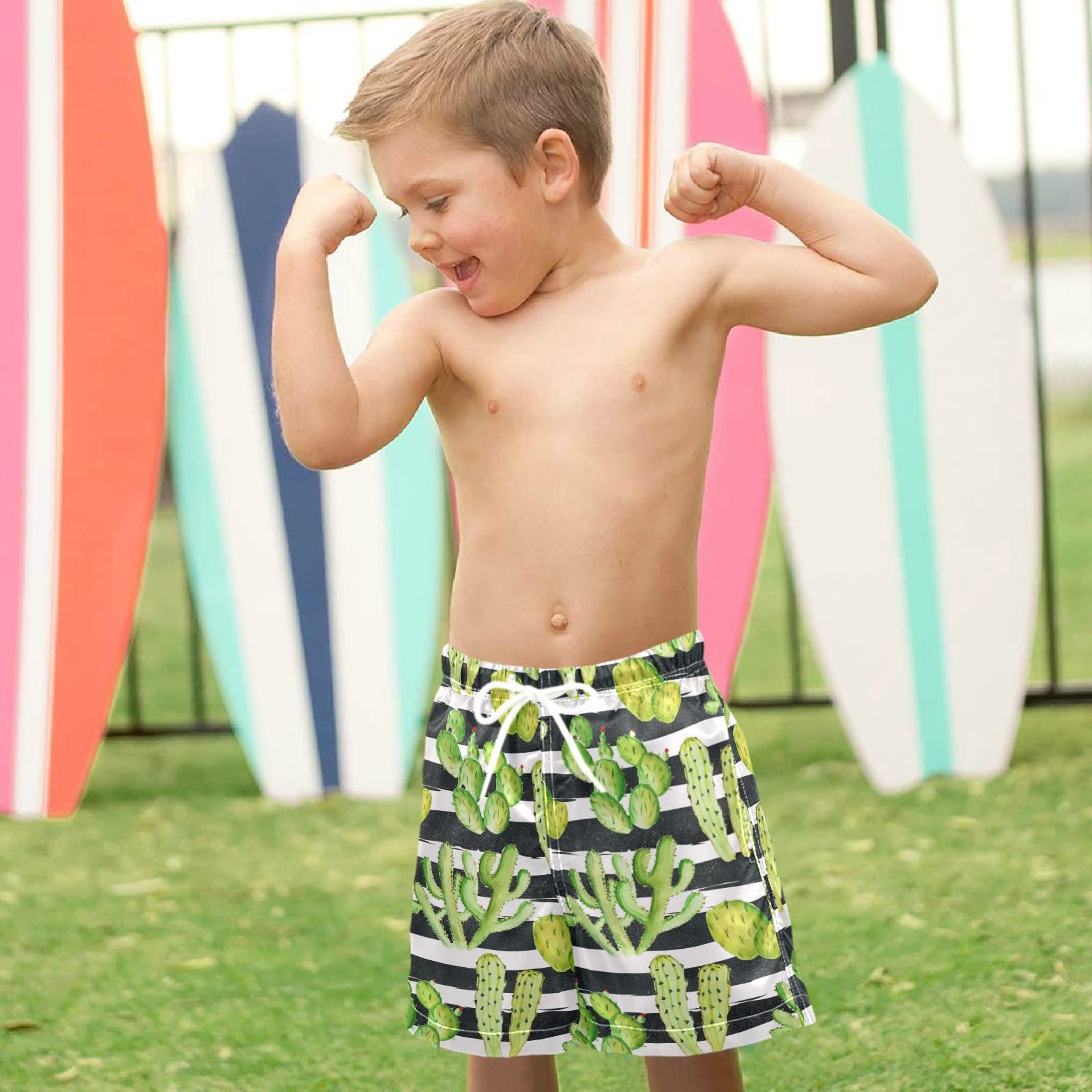 Visesunny Boys Swim Trunks - Watercolor Cactus Print with Black & White Stripes, Toddler Bathing Suits for Kids, Baby Boy Swimwear | Perfect for Pool, Beach & Summer Water Activities