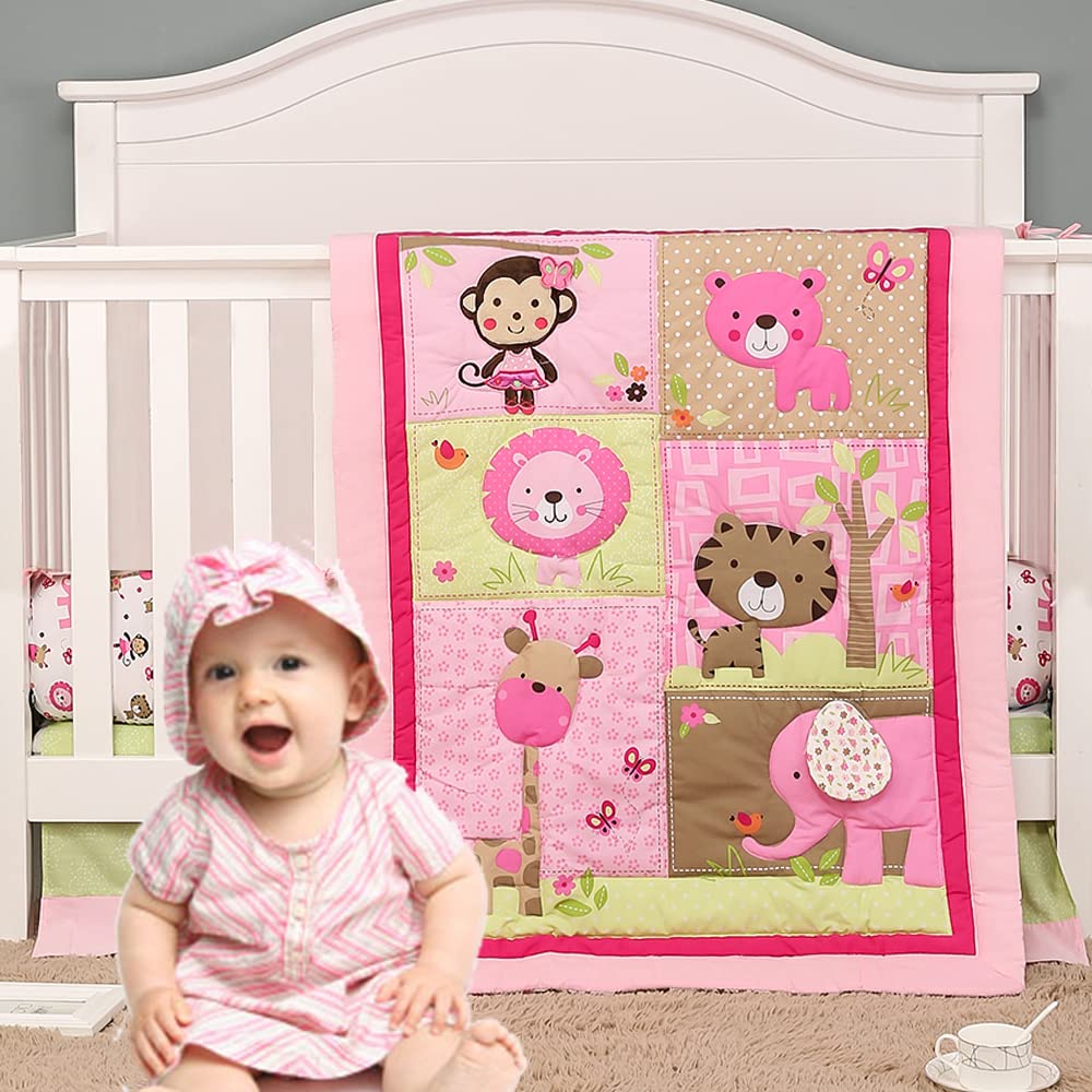 Brandream 3-Piece Baby Girl Crib Bedding Set | Pink Jungle Nursery Collection with 3D Elephant, Lion & Zoo Animals - Soft Cotton Crib Sheets for Nursery Decor & Baby Shower Gifts