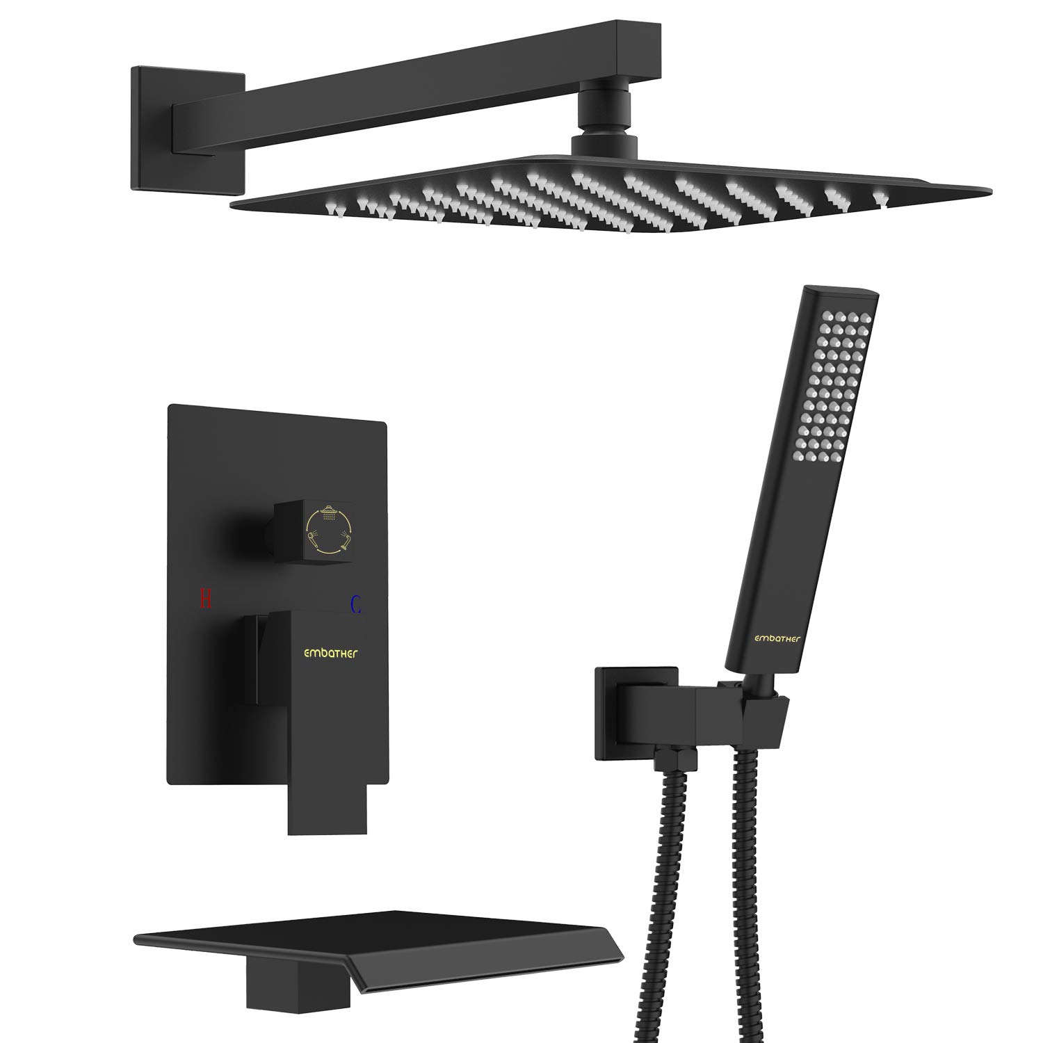 EMBATHER 12 Inch Black Shower System with Waterfall Tub Spout - Wall Mounted Shower Tub Faucet Set with Rain Showerhead and Handheld Sprayer - Includes Rough-in Valve Body and Trim Kit - Perfect for Modern Bathroom Renovations and Spa-Like Shower Experiences