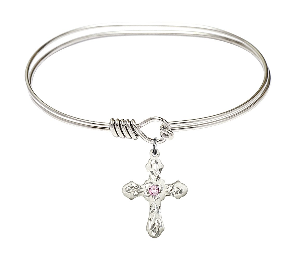 7 Inch Oval Eye Hook Bangle Bracelet with Cross Medal Charm and Light Purple Crystal - Elegant Jewelry for Women, Perfect for Parties, Weddings and Everyday Wear