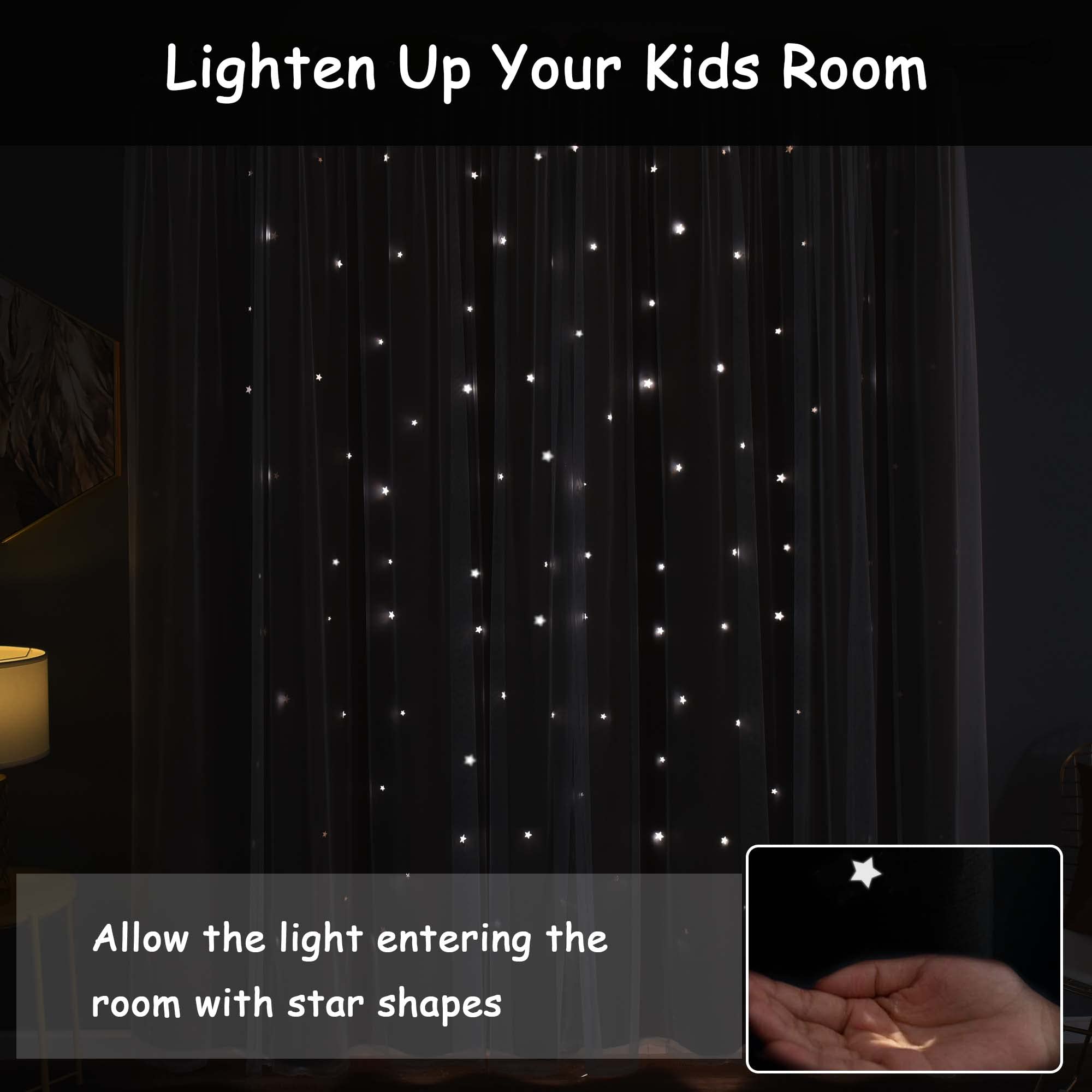 Kinryb Princess Curtains for Girls Bedroom - Sheer Overlay Double Layer Window Drapes with Star Cutout Design, 52x95 Inches Coral Pink - Perfect for Kids Room, Nursery & Living Room Decor
