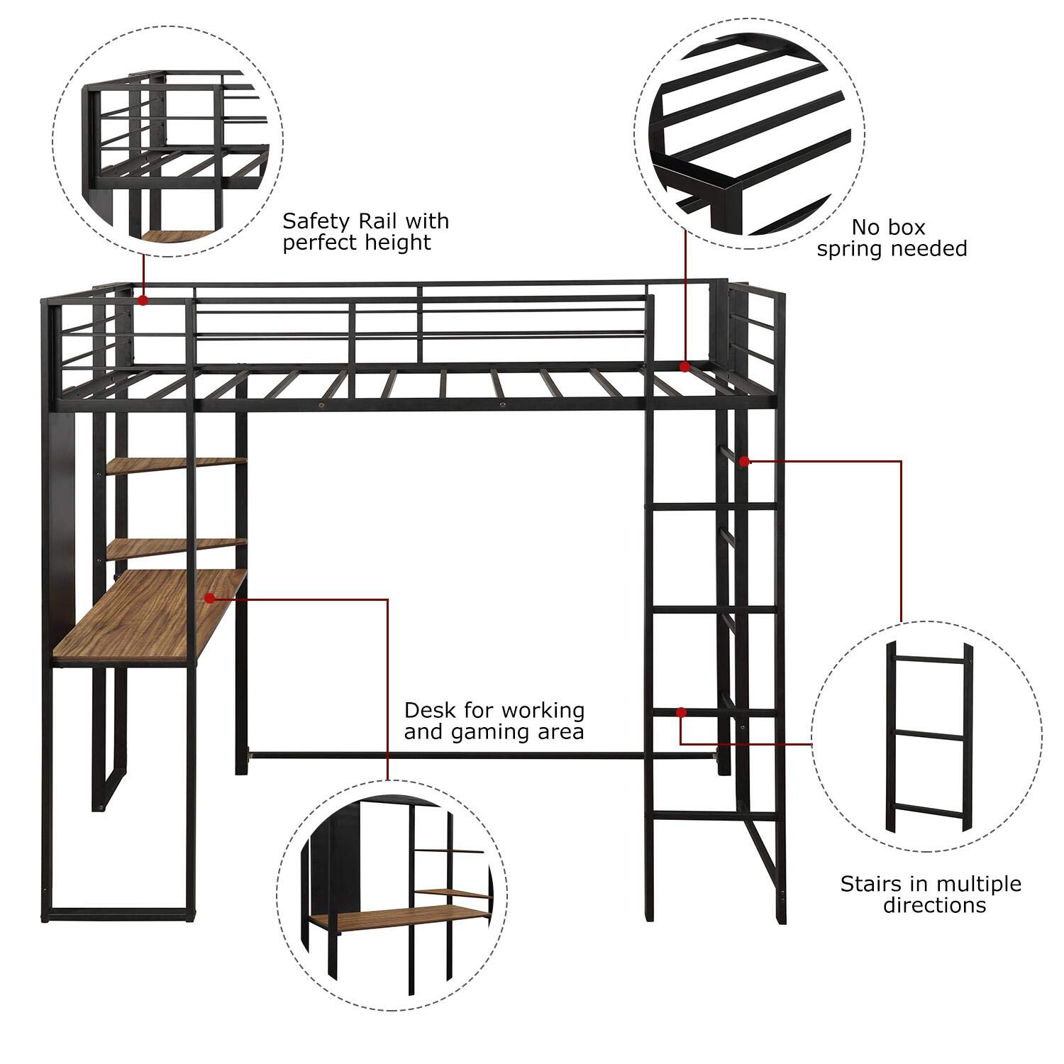 Danxee Loft Twin Bunk Bed with Shelves & Desk - Space Saving High Sleeper Bed with Full Guardrails & Dual Ladders for Kids, Teens, Dorms & Small Rooms | Perfect for Shared Bedrooms, Studio Apartments & Guest Rooms
