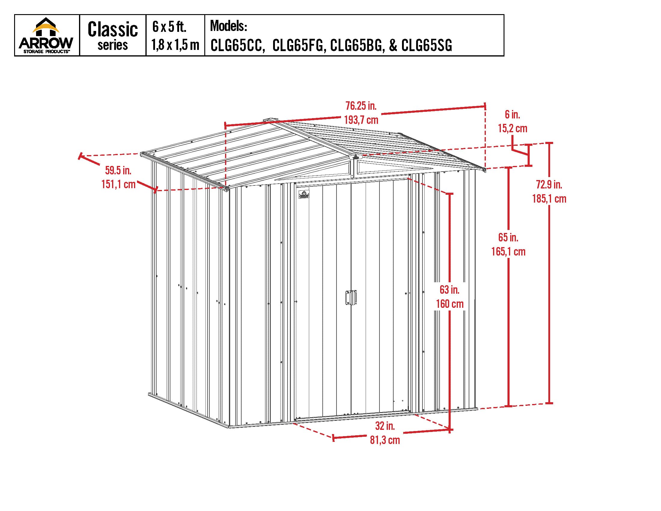 Arrow Classic Steel Storage Shed 6x5 ft, Outdoor Garden Shed with Lockable Doors, Charcoal Gray - Perfect for Backyard, Patio & Lawn Equipment Storage